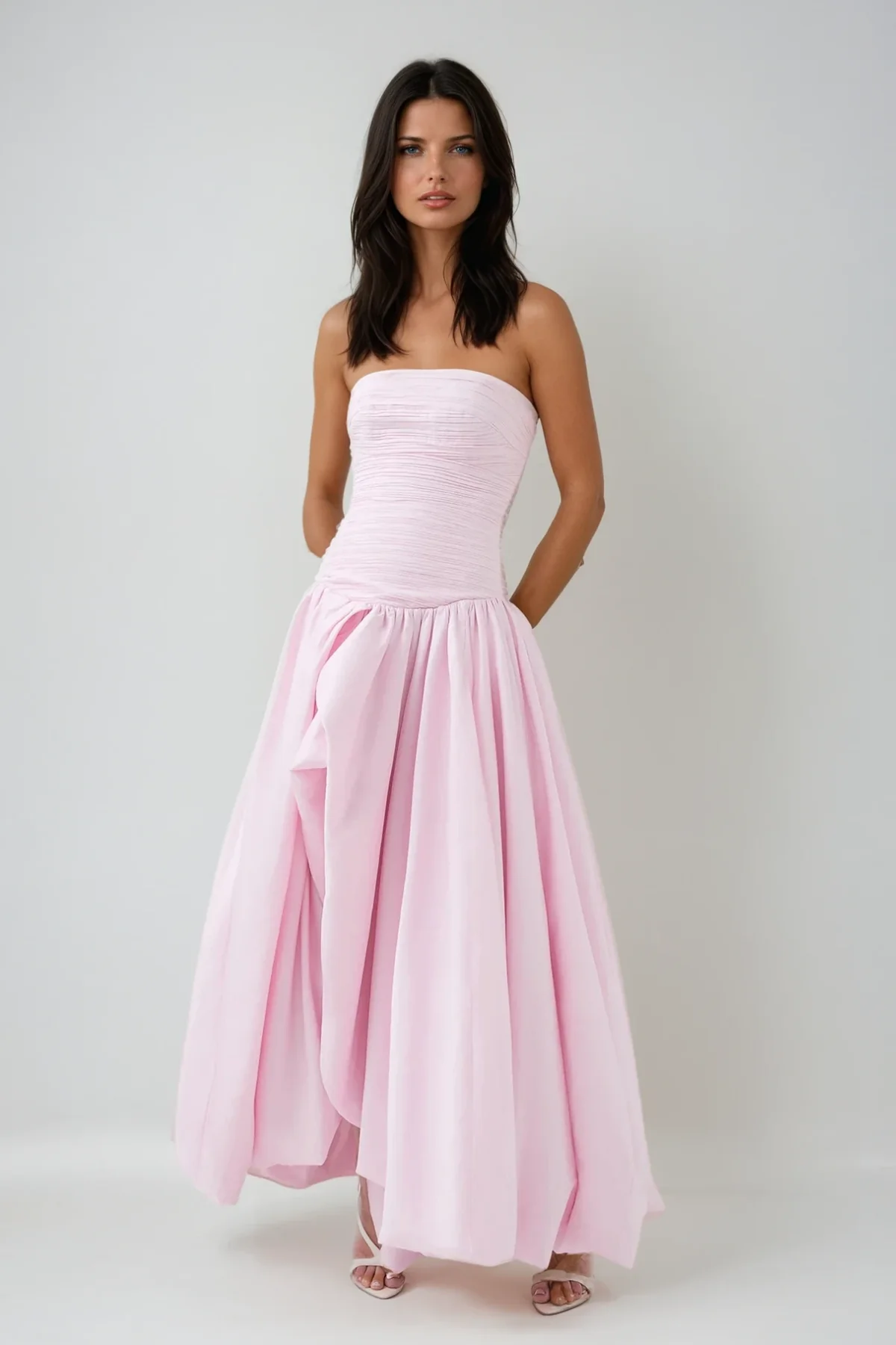 Pink Strapless Ruffle Maxi Dress