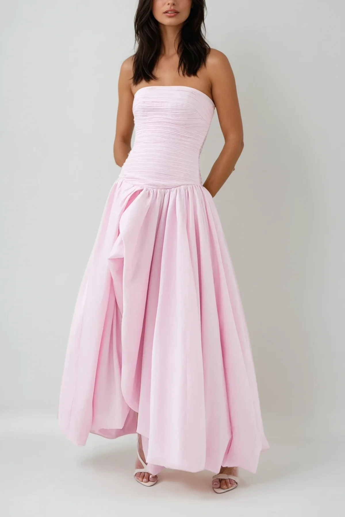 Pink Strapless Ruffle Maxi Dress