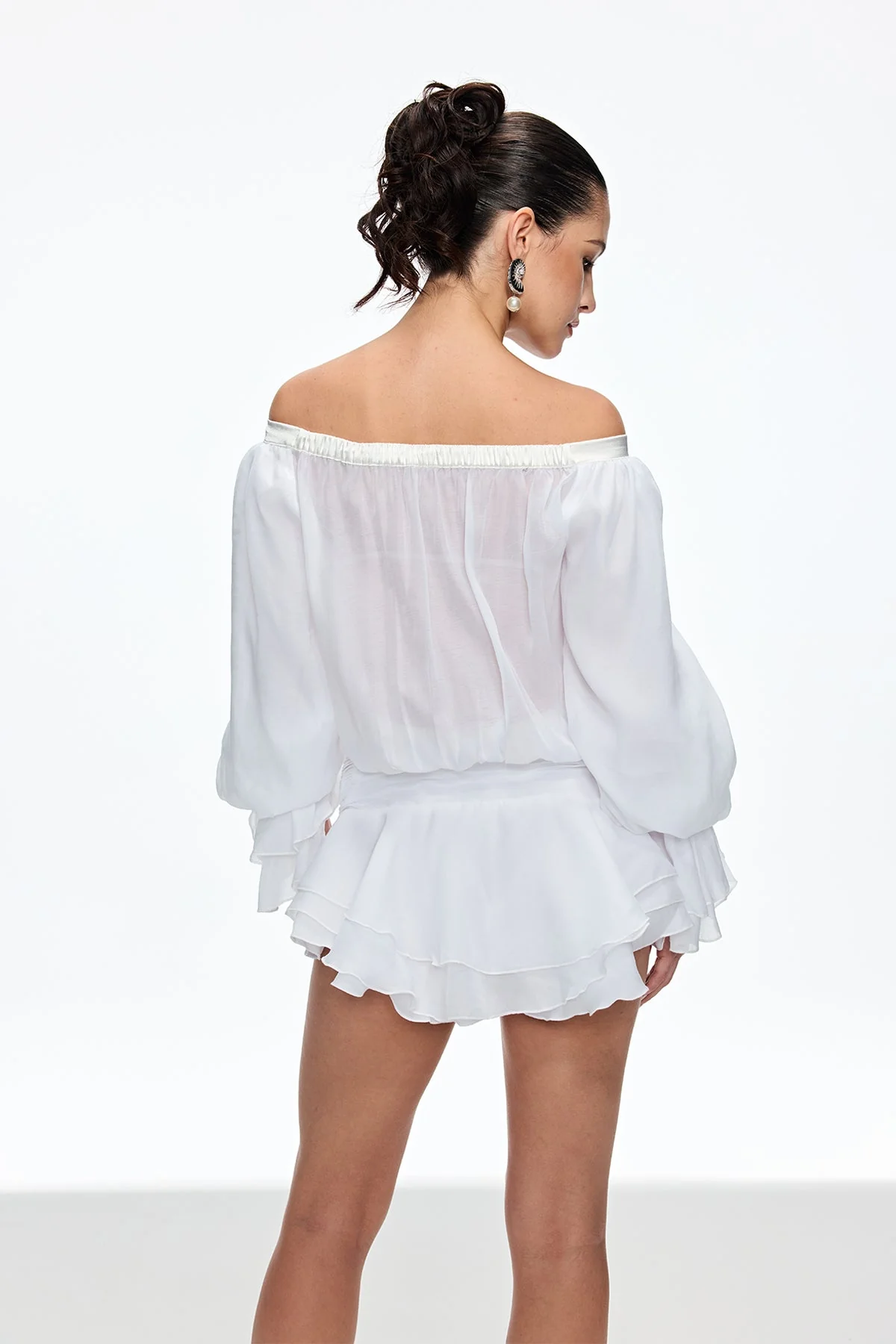 White Ruched Off Shoulder Bow Mini Dress