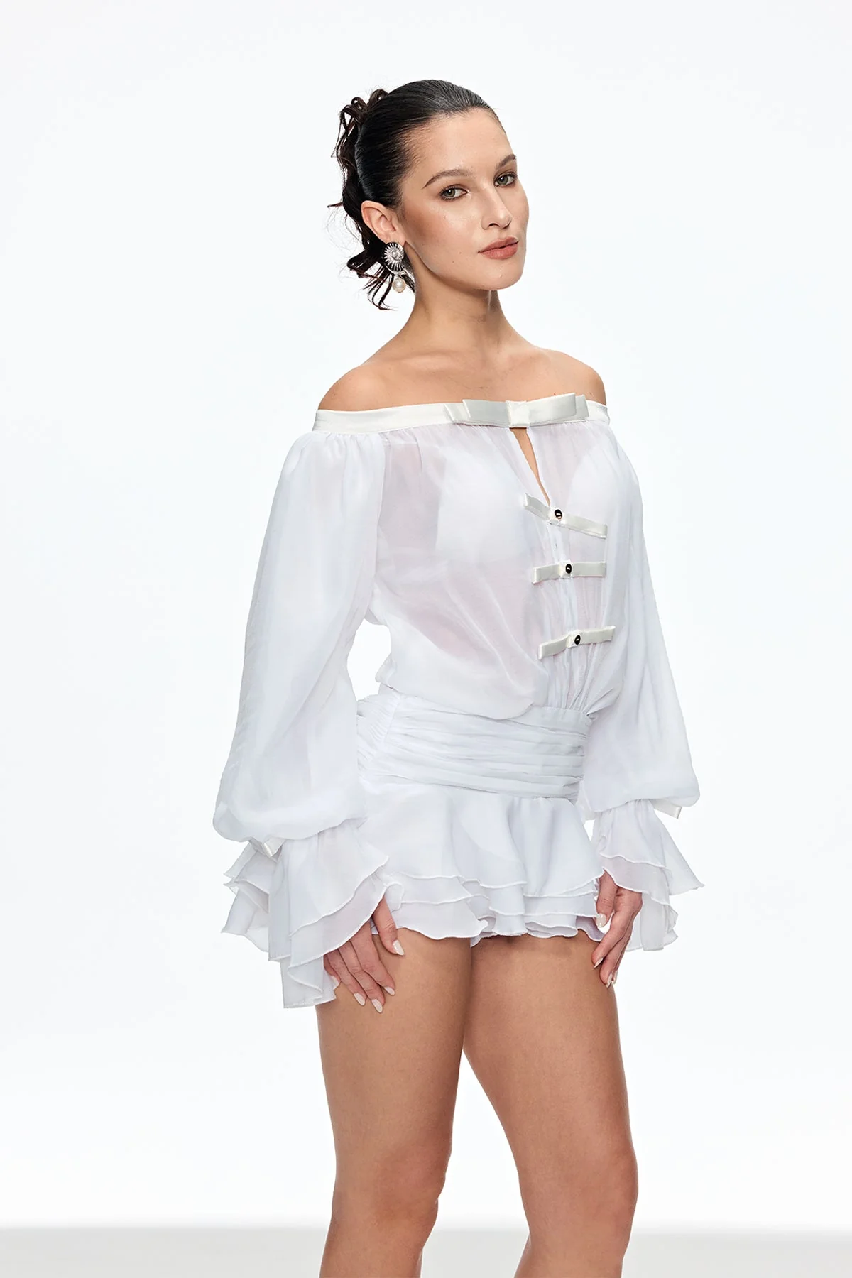 White Ruched Off Shoulder Bow Mini Dress