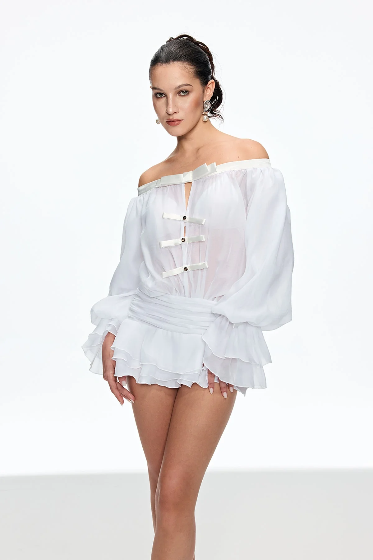White Ruched Off Shoulder Bow Mini Dress