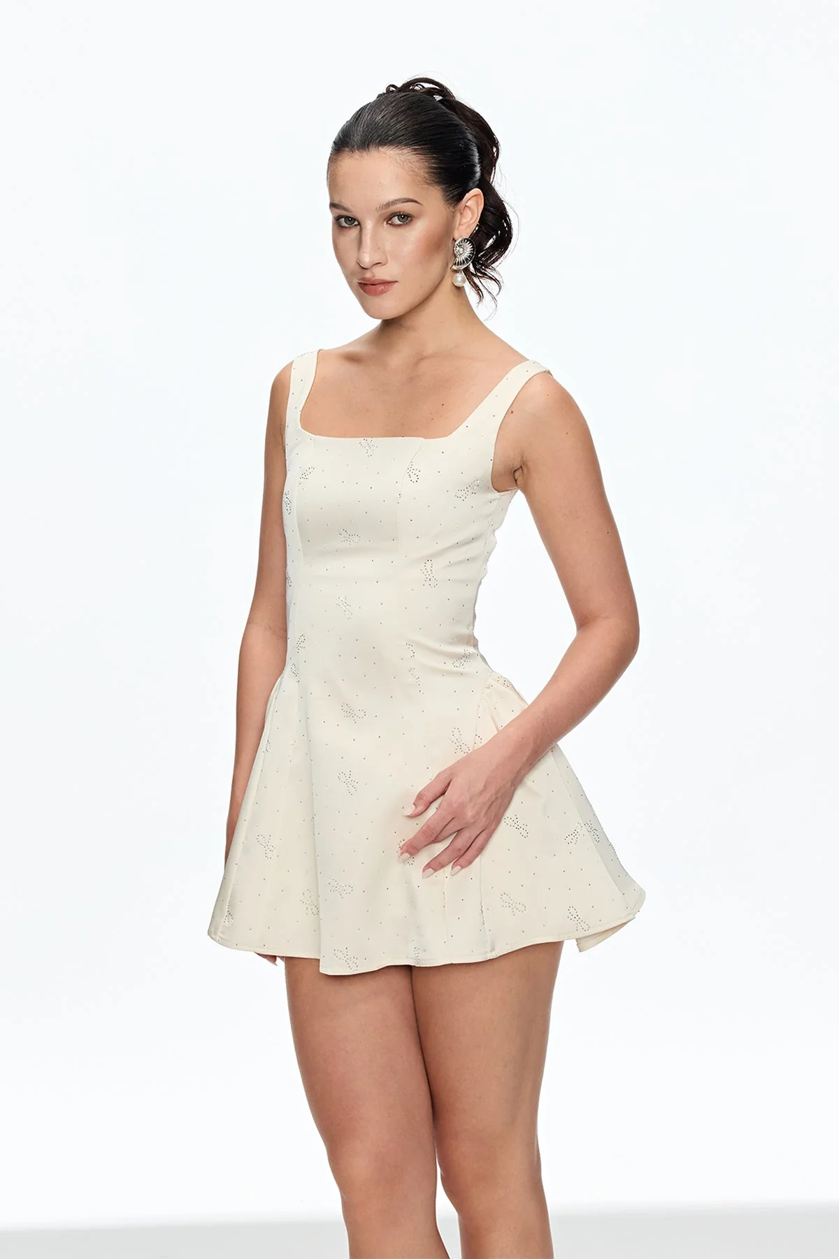 White Rhinestone Bow Mini Dress