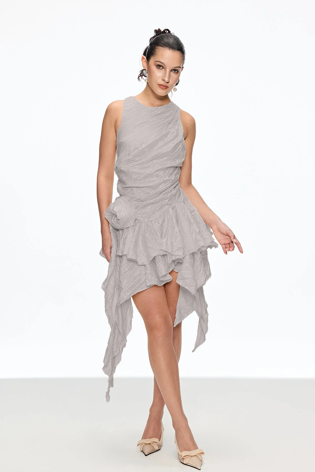 Grey Asymmetric Ruch Flower Mini Dress | Chic Elegant Style