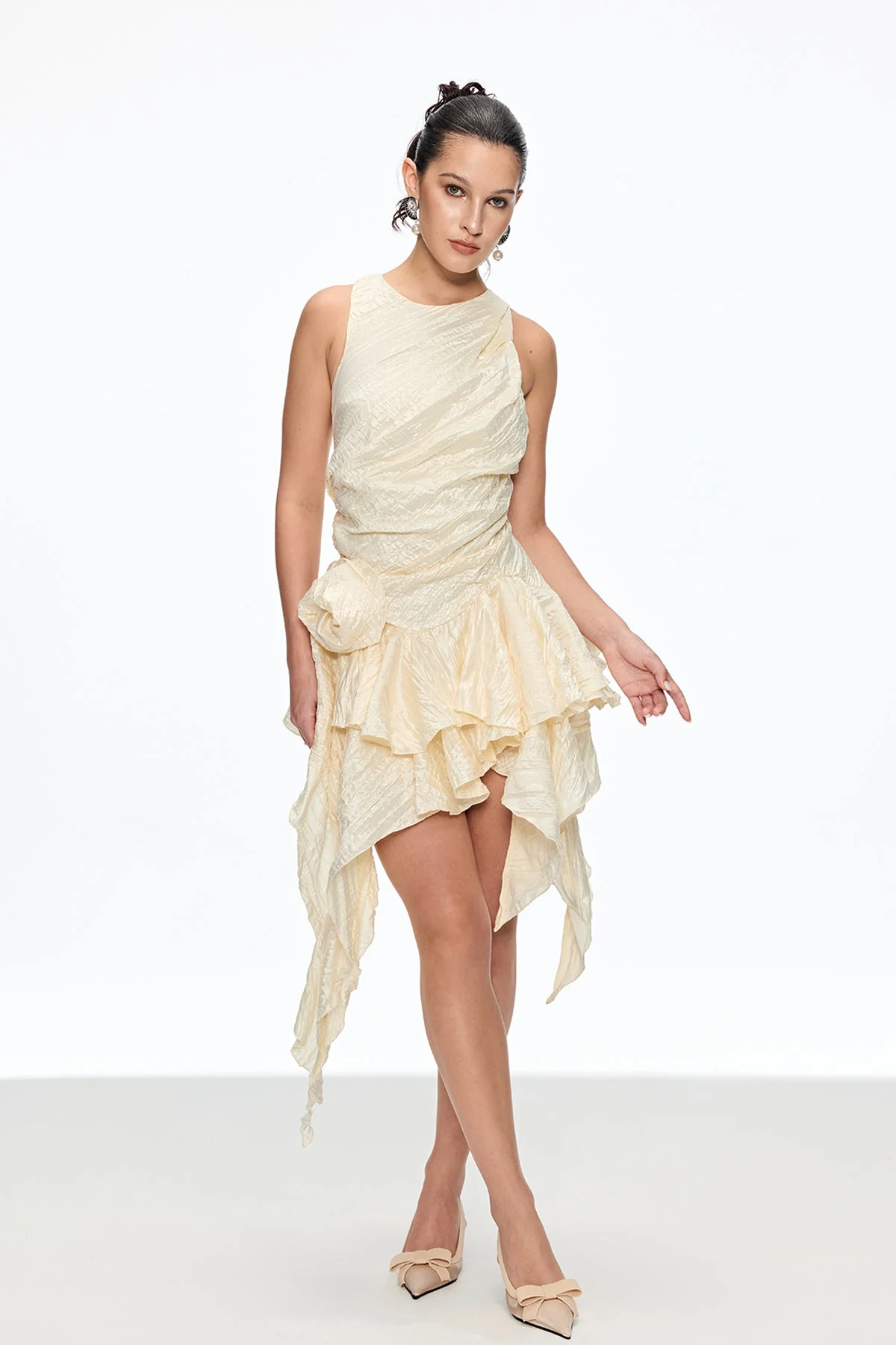 Apricot Flower Ruch Asymmetric Mini Dress