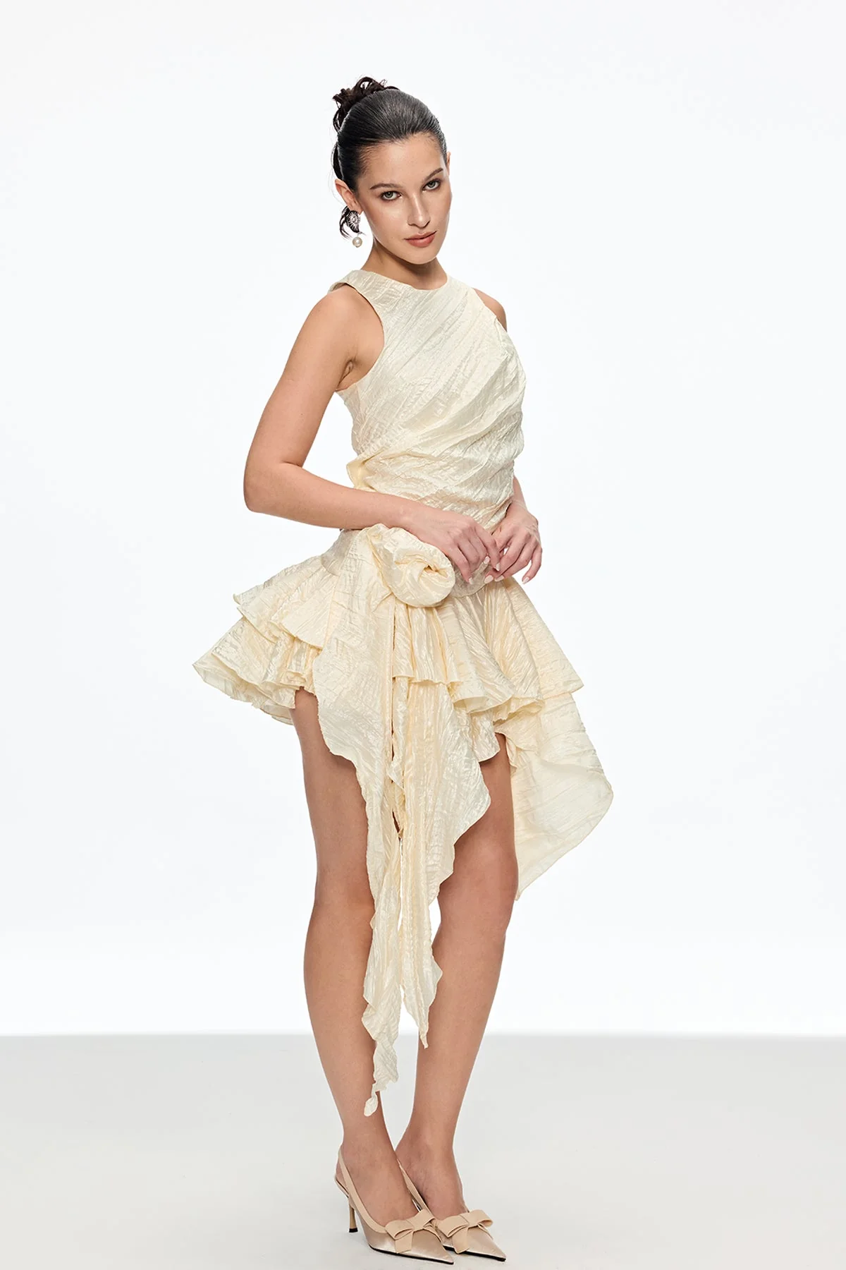 Apricot Flower Ruch Asymmetric Mini Dress