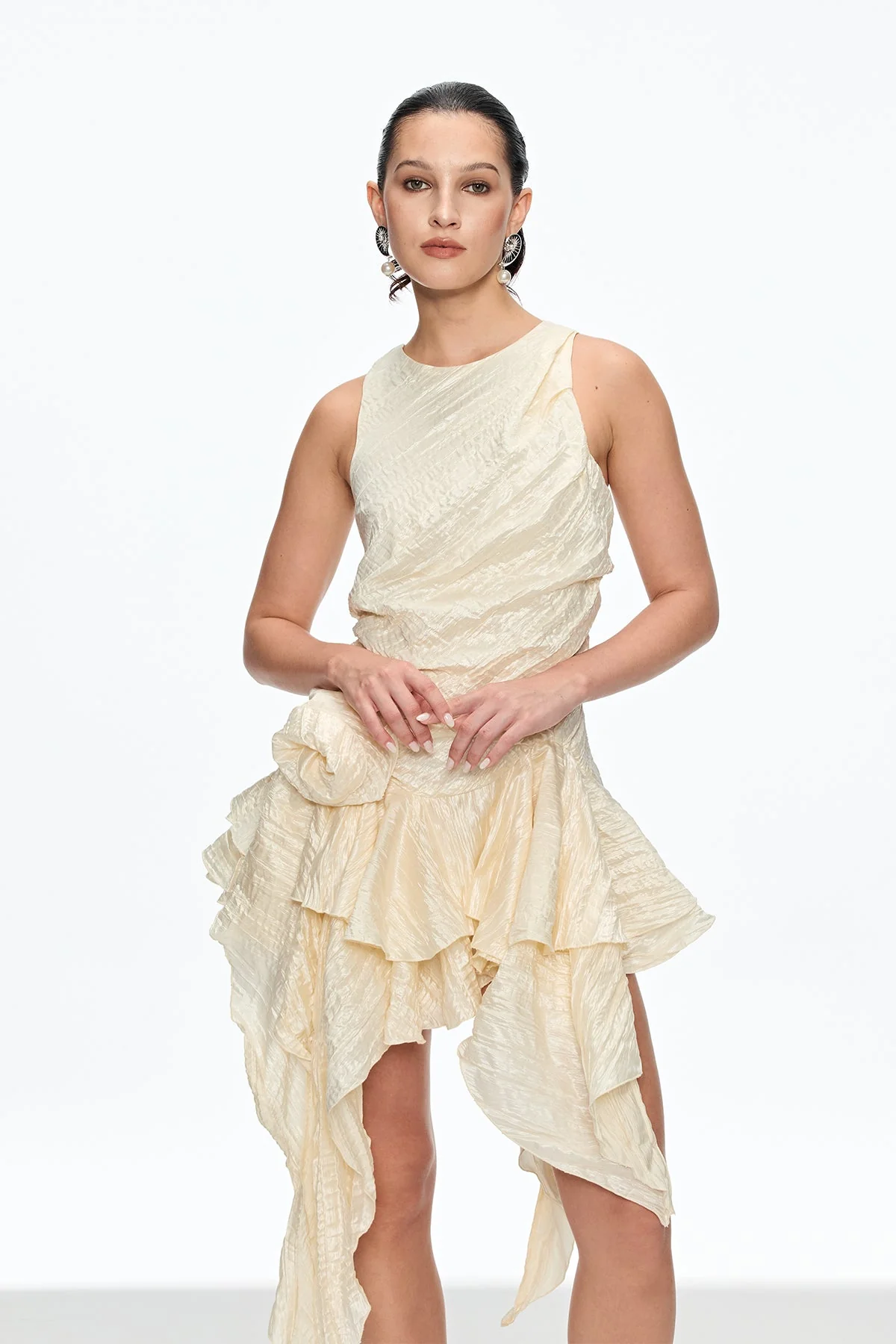 Apricot Flower Ruch Asymmetric Mini Dress