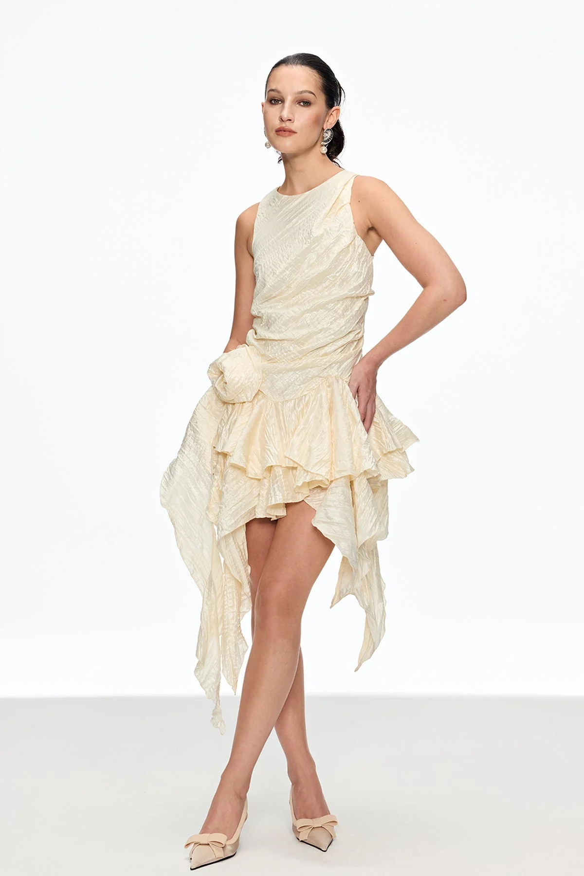 Apricot Flower Ruch Asymmetric Mini Dress