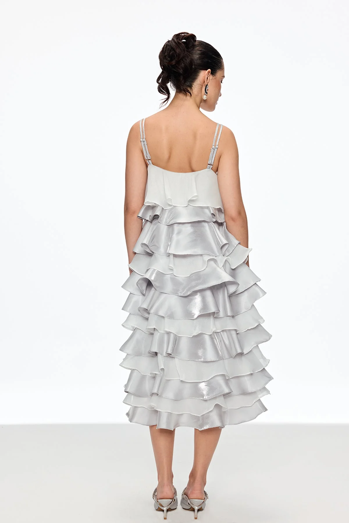 Grey Ruffle Spaghetti Midi Dress