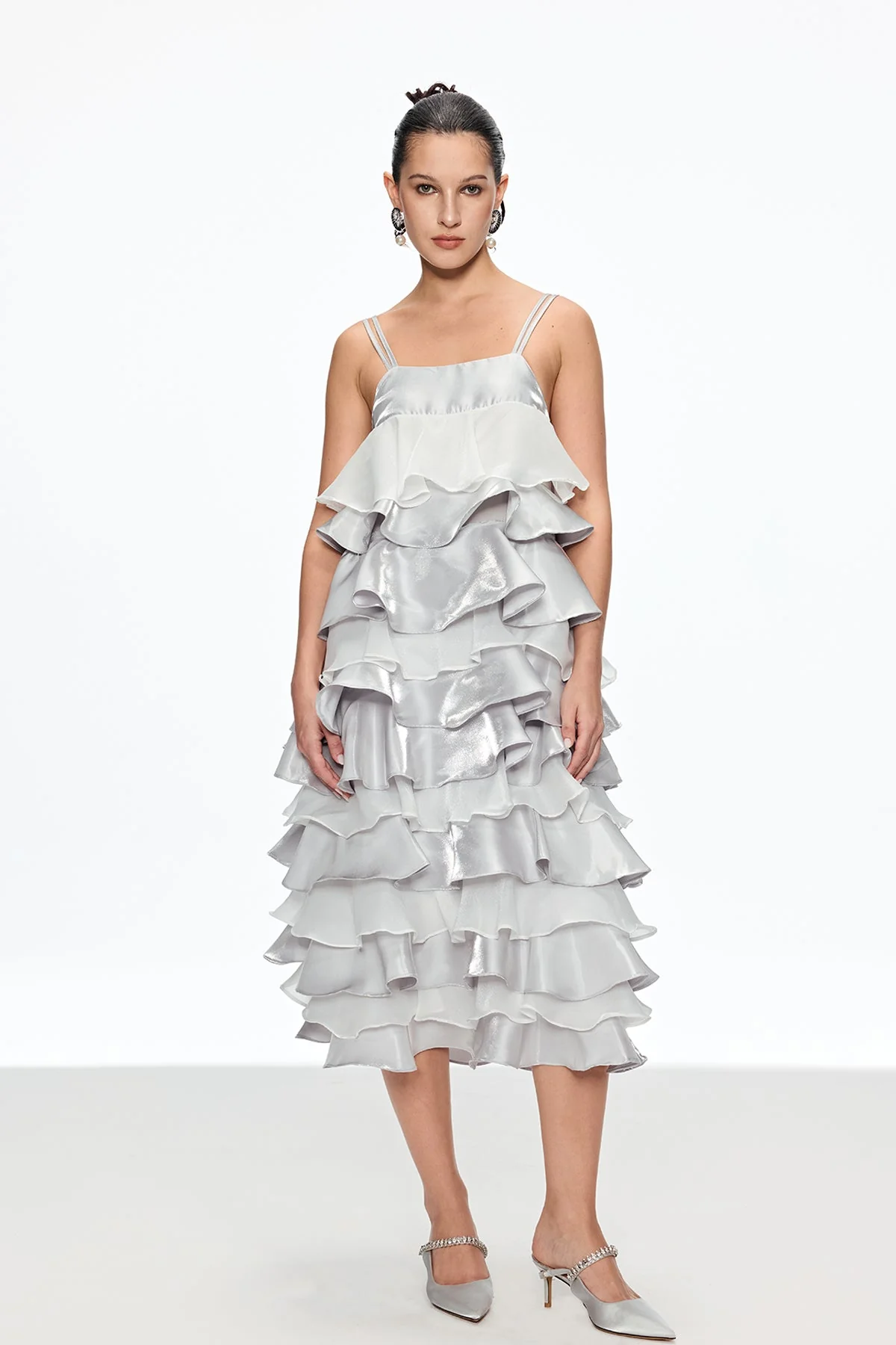 Grey Ruffle Spaghetti Midi Dress