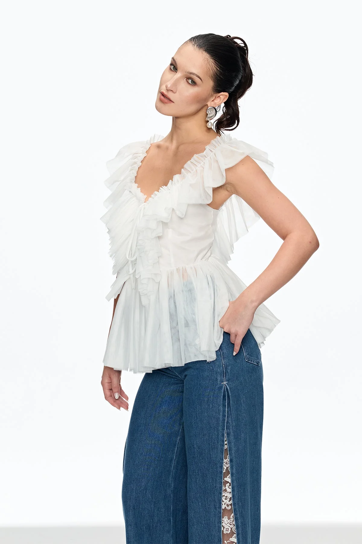 White Mesh Plunge Ruched Sleeveless Top for Women