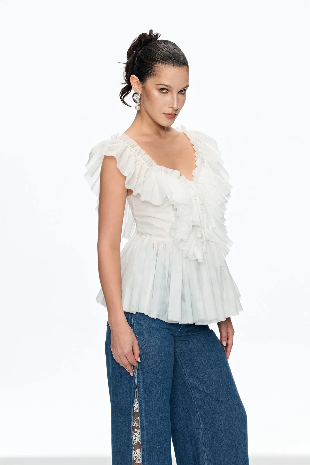 White Mesh Plunge Ruched Sleeveless Top for Women