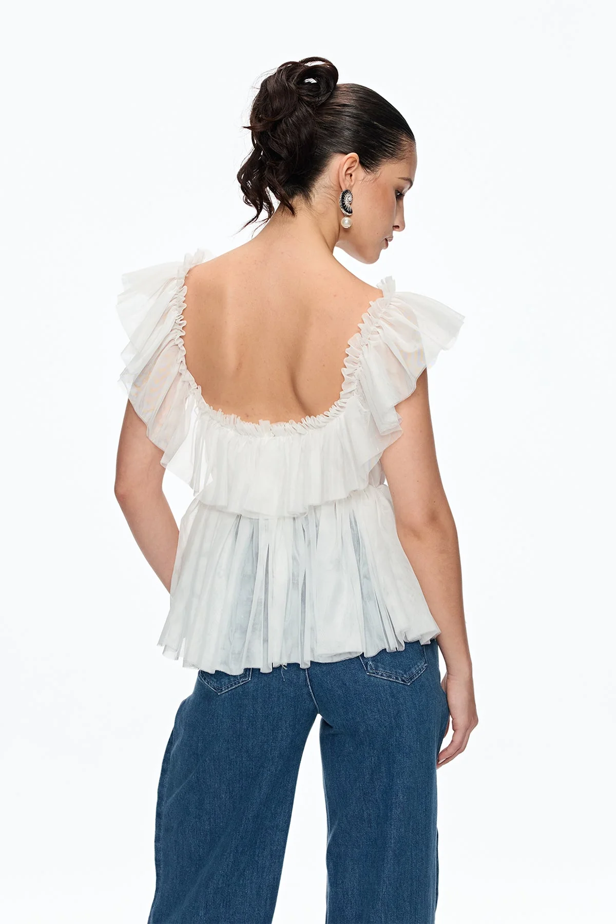 White Mesh Plunge Ruched Sleeveless Top for Women