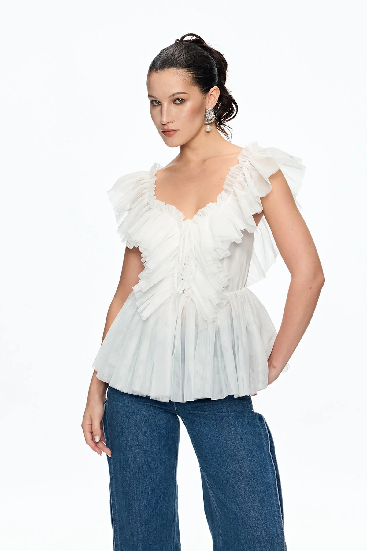White Mesh Plunge Ruched Sleeveless Top for Women