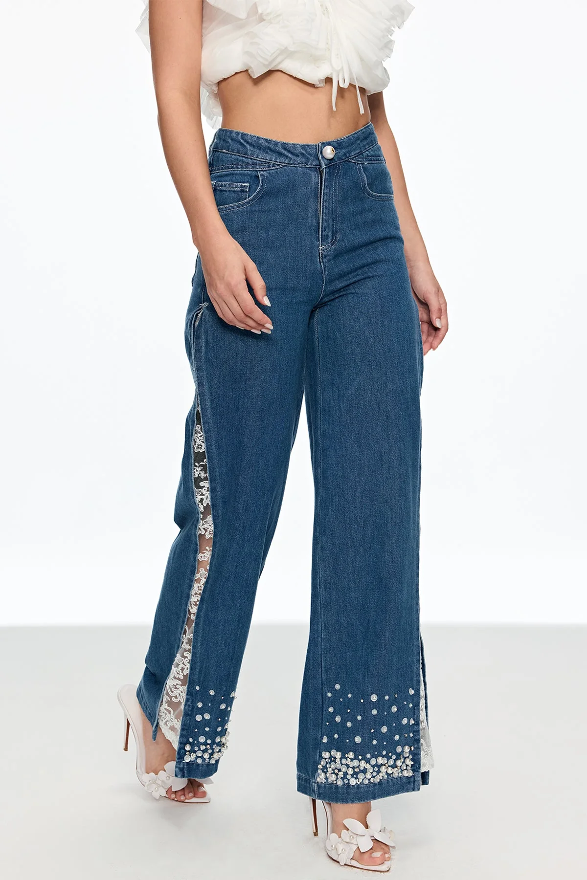 Pearl Embellished Lace Split Blue Jeans