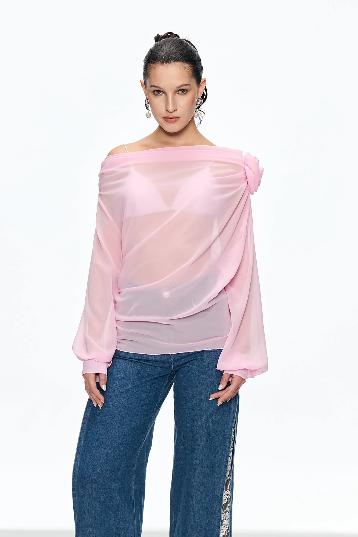 Pink Floral Ruched Top | Elegant & Comfortable Caishen Blouse