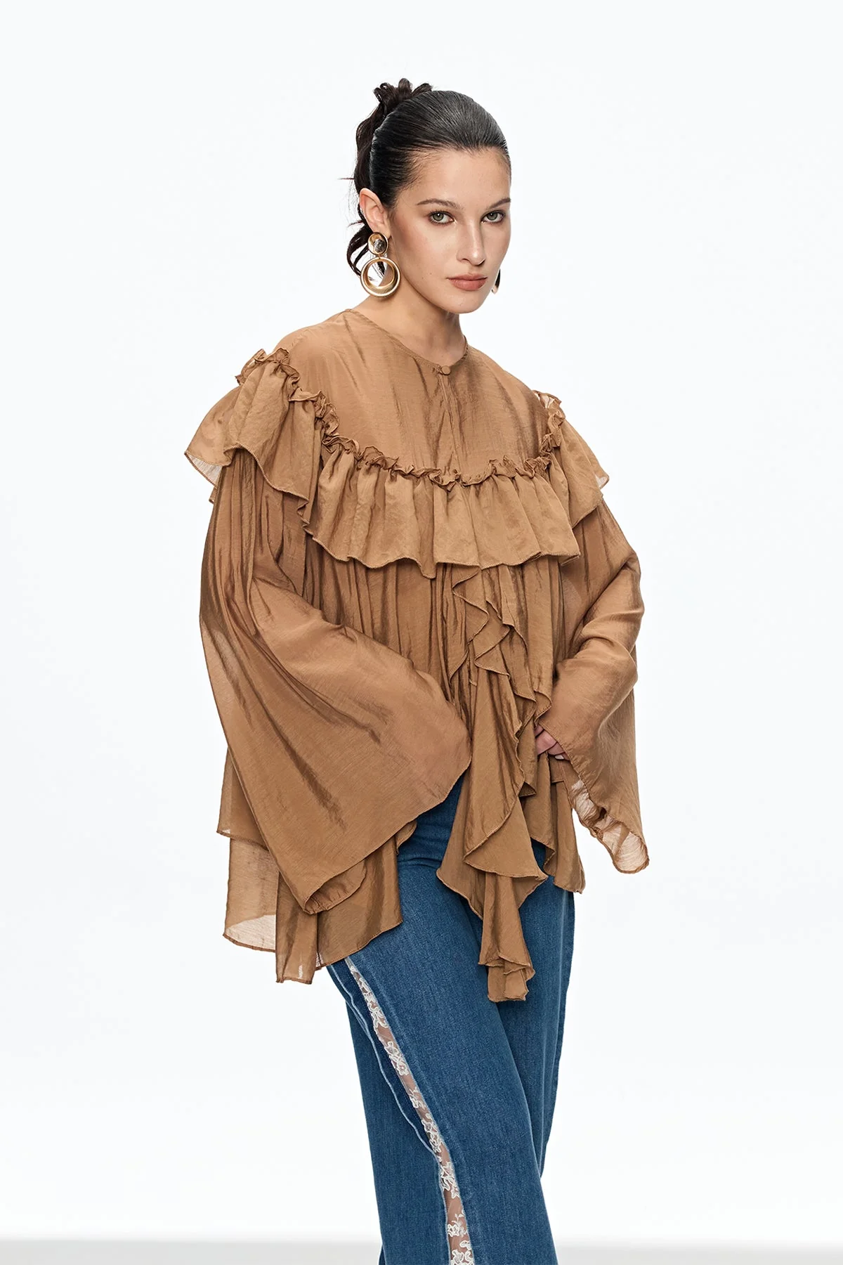 Brown Ruffle Fringe Casual Top for Women