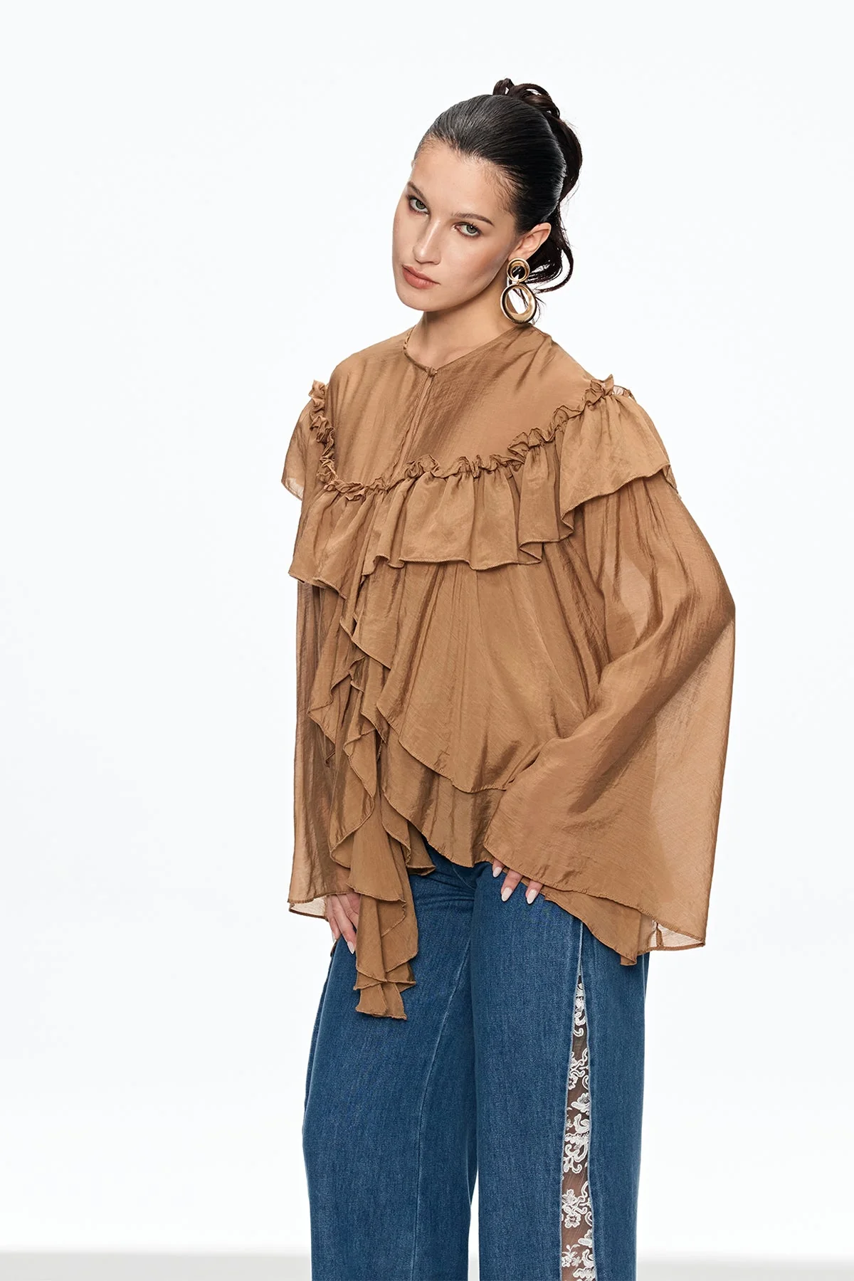 Brown Ruffle Fringe Casual Top for Women