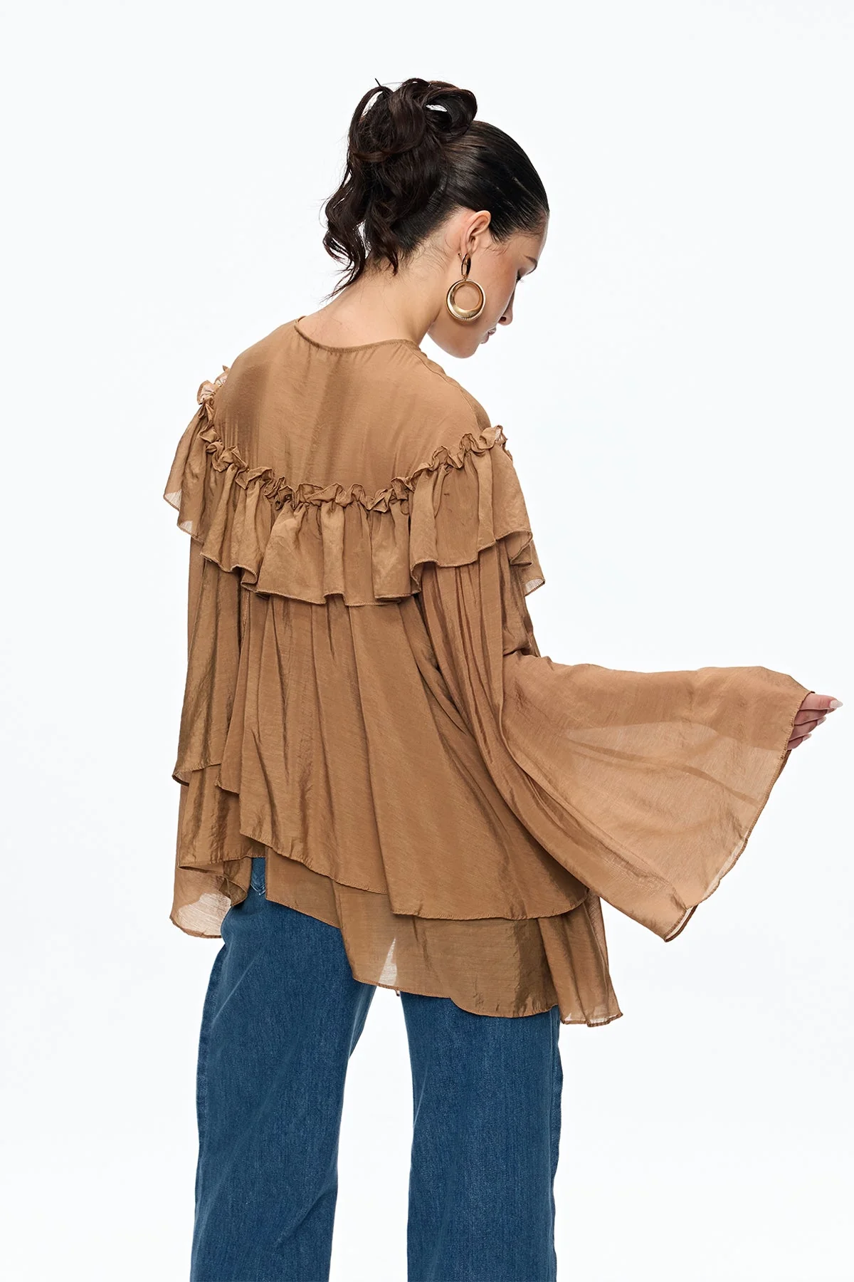 Brown Ruffle Fringe Casual Top for Women