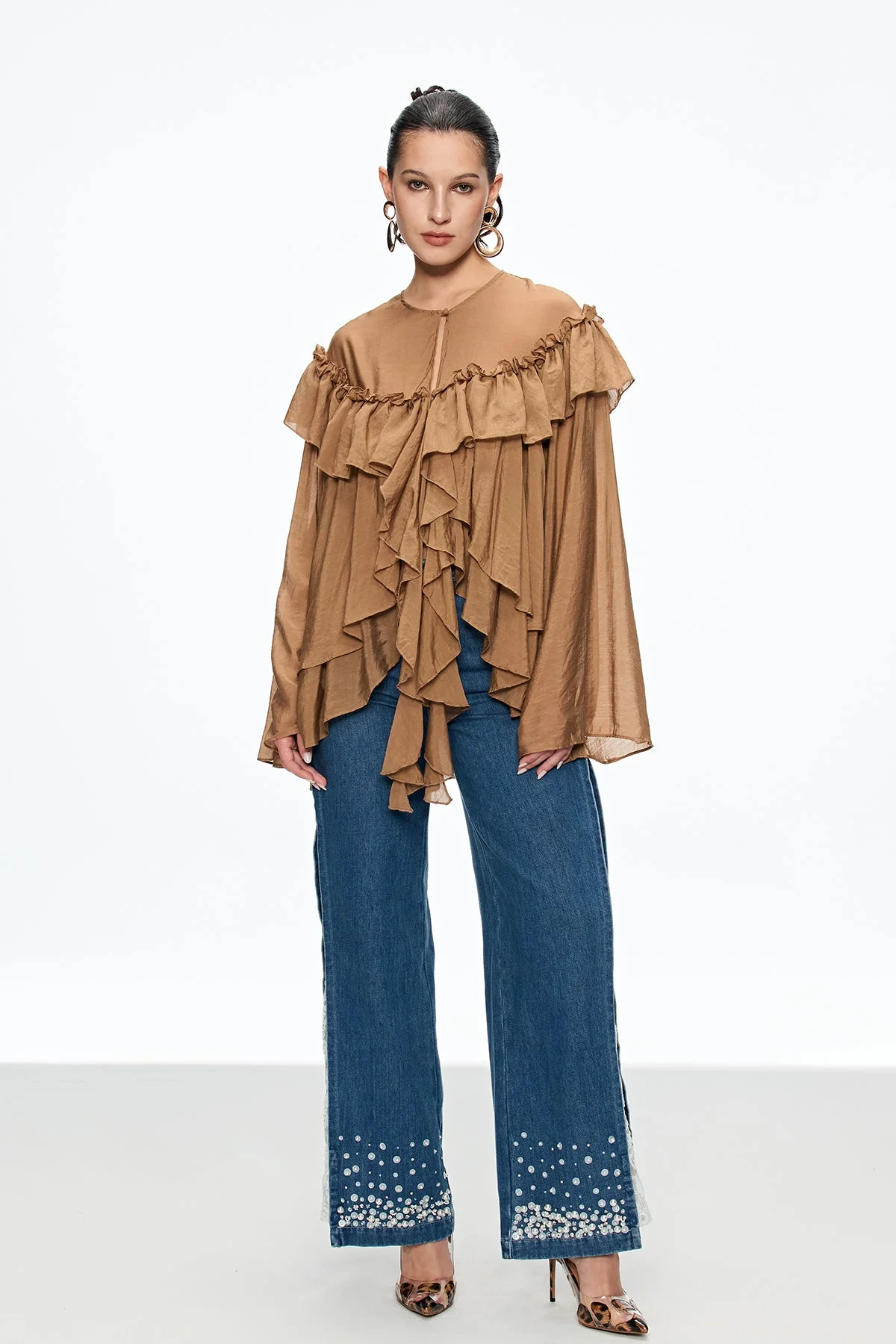 Brown Ruffle Fringe Casual Top for Women