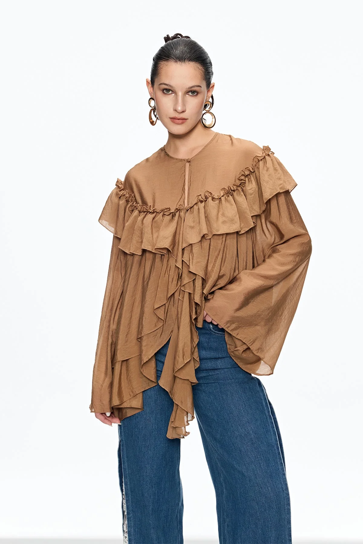Brown Ruffle Fringe Casual Top for Women