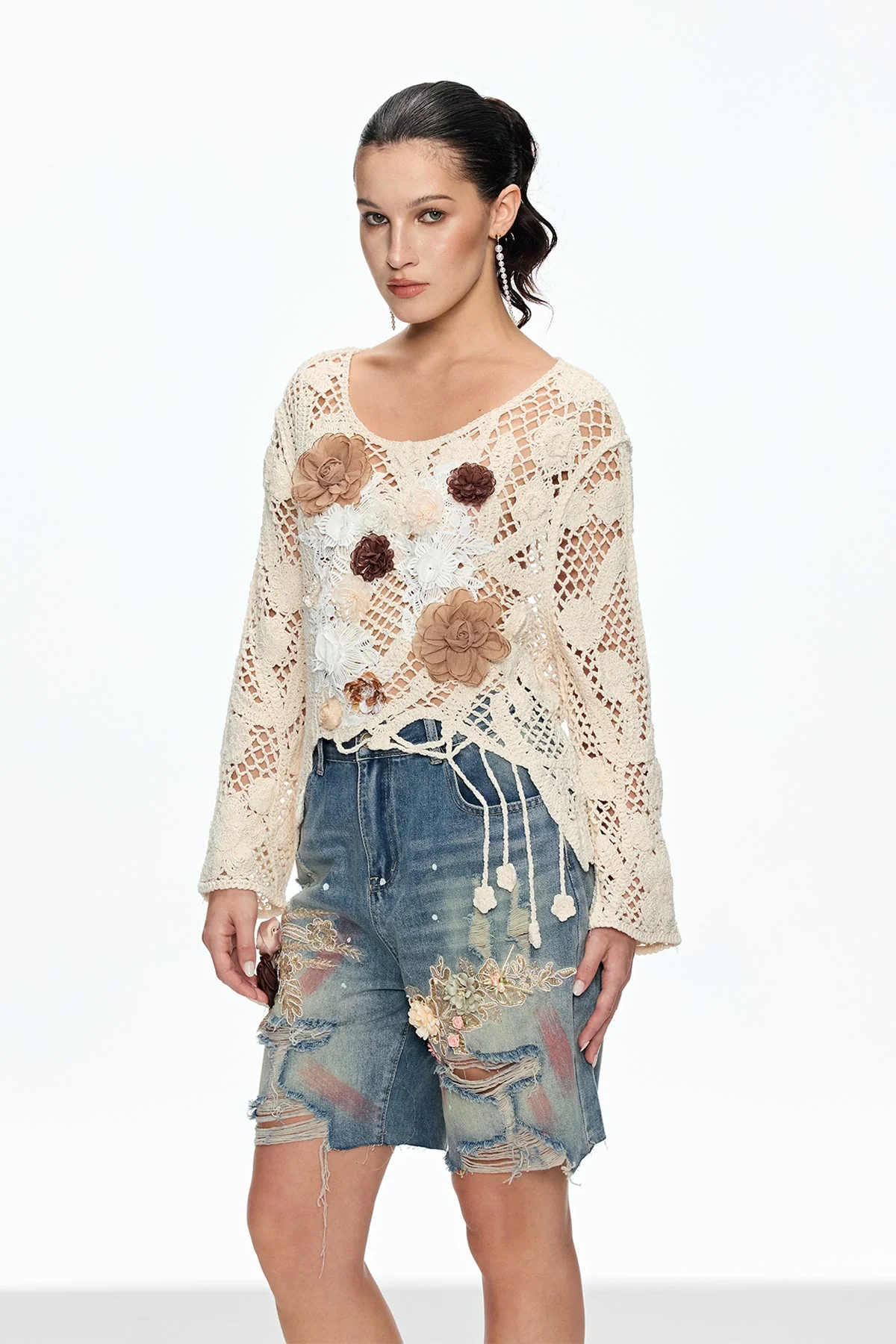 Elegant Beige Floral Knit Top - Womens Boho Style