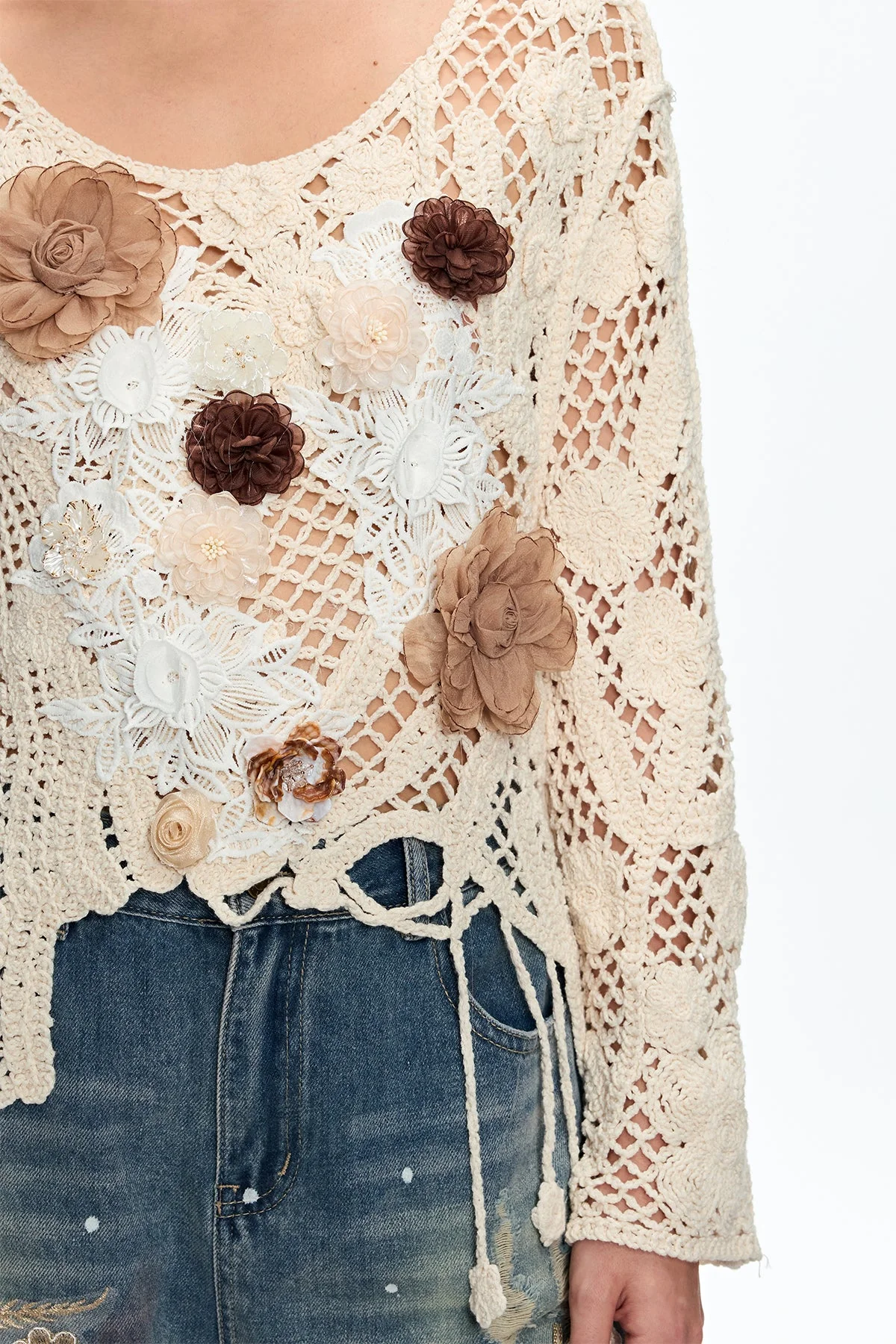 Elegant Beige Floral Knit Top - Womens Boho Style