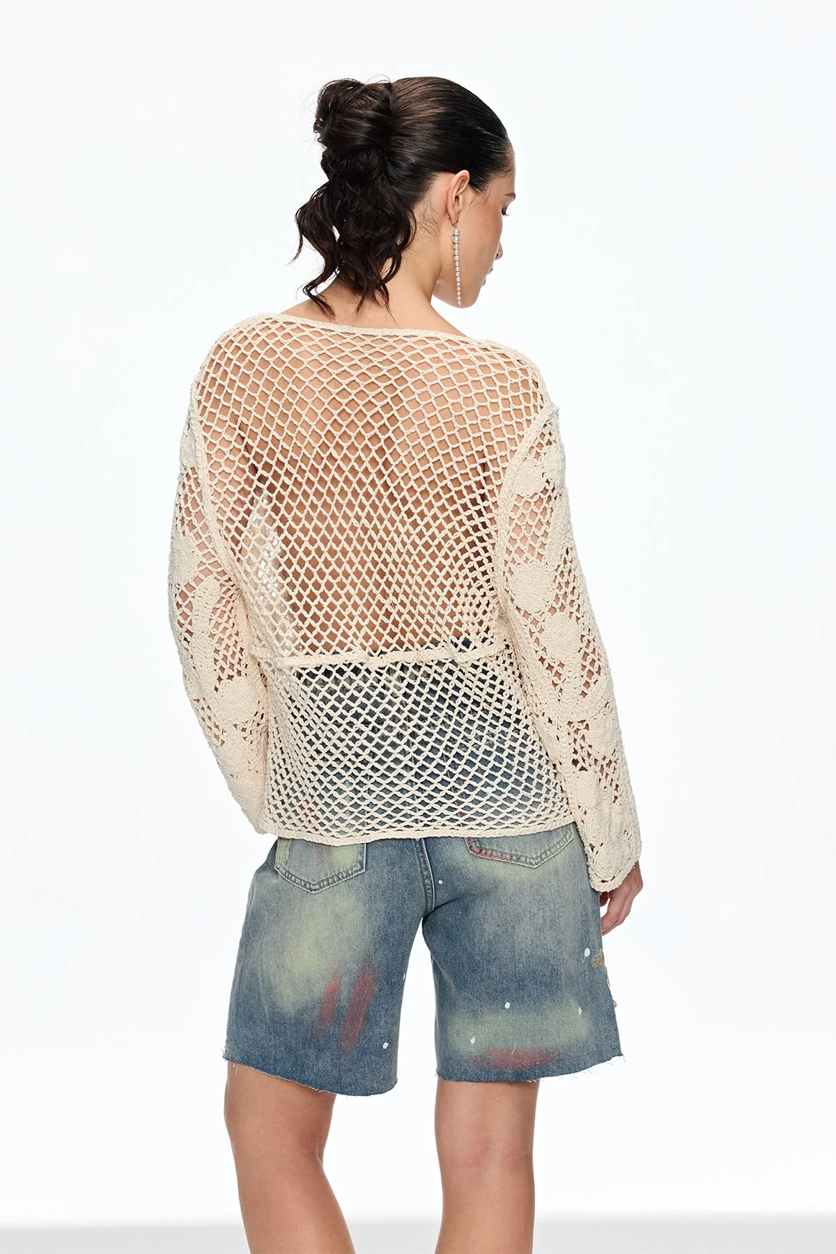 Elegant Beige Floral Knit Top - Womens Boho Style