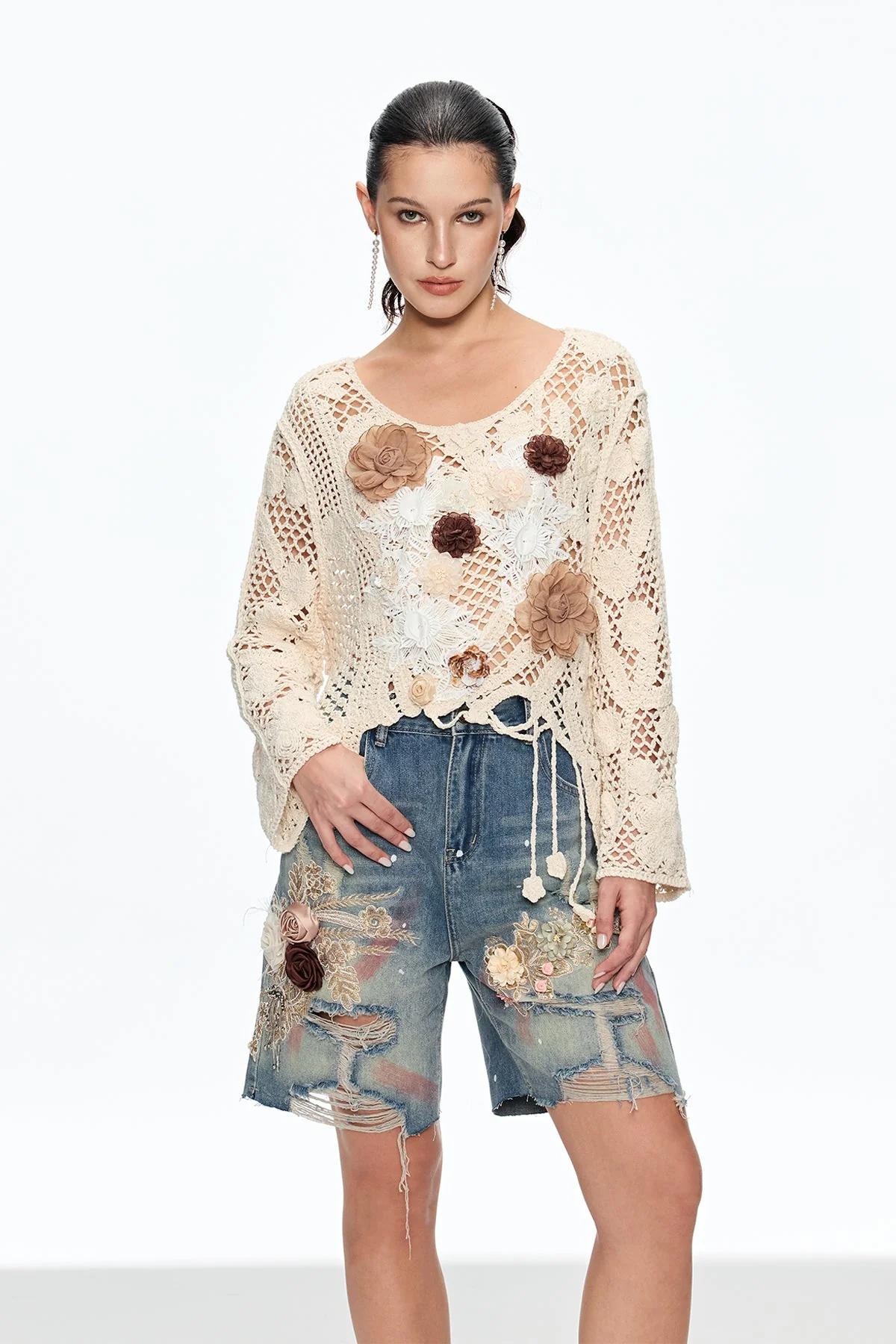 Elegant Beige Floral Knit Top - Womens Boho Style
