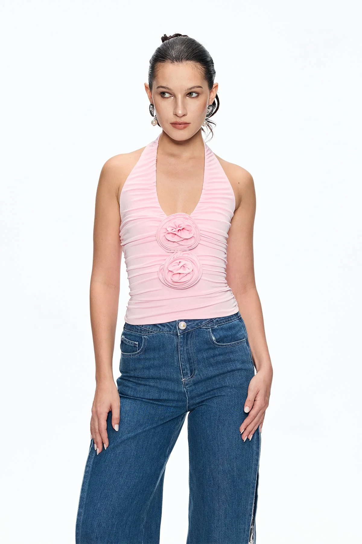 Floral Ruched Halter Neck Top in Pink for Women