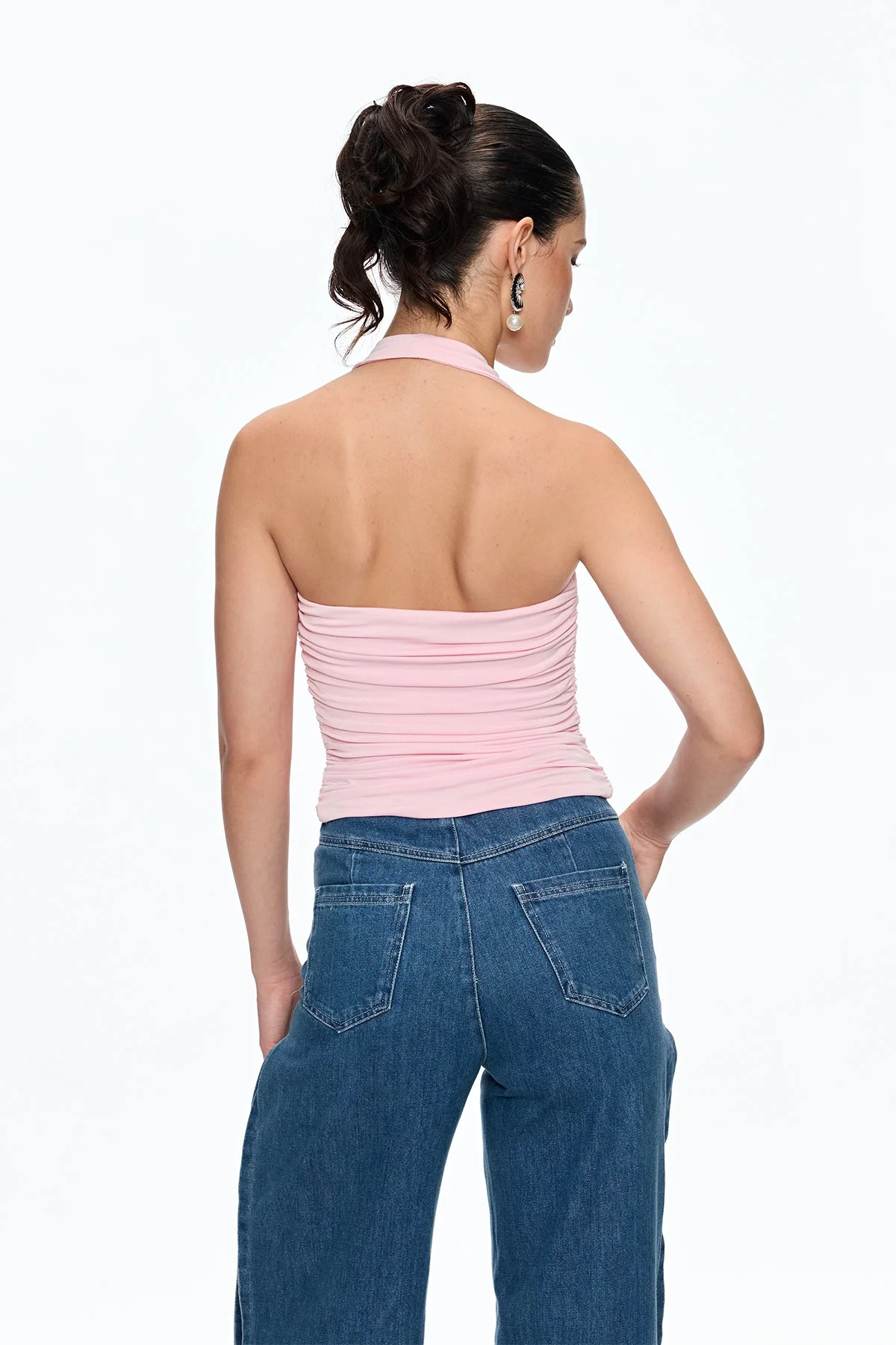 Floral Ruched Halter Neck Top in Pink for Women