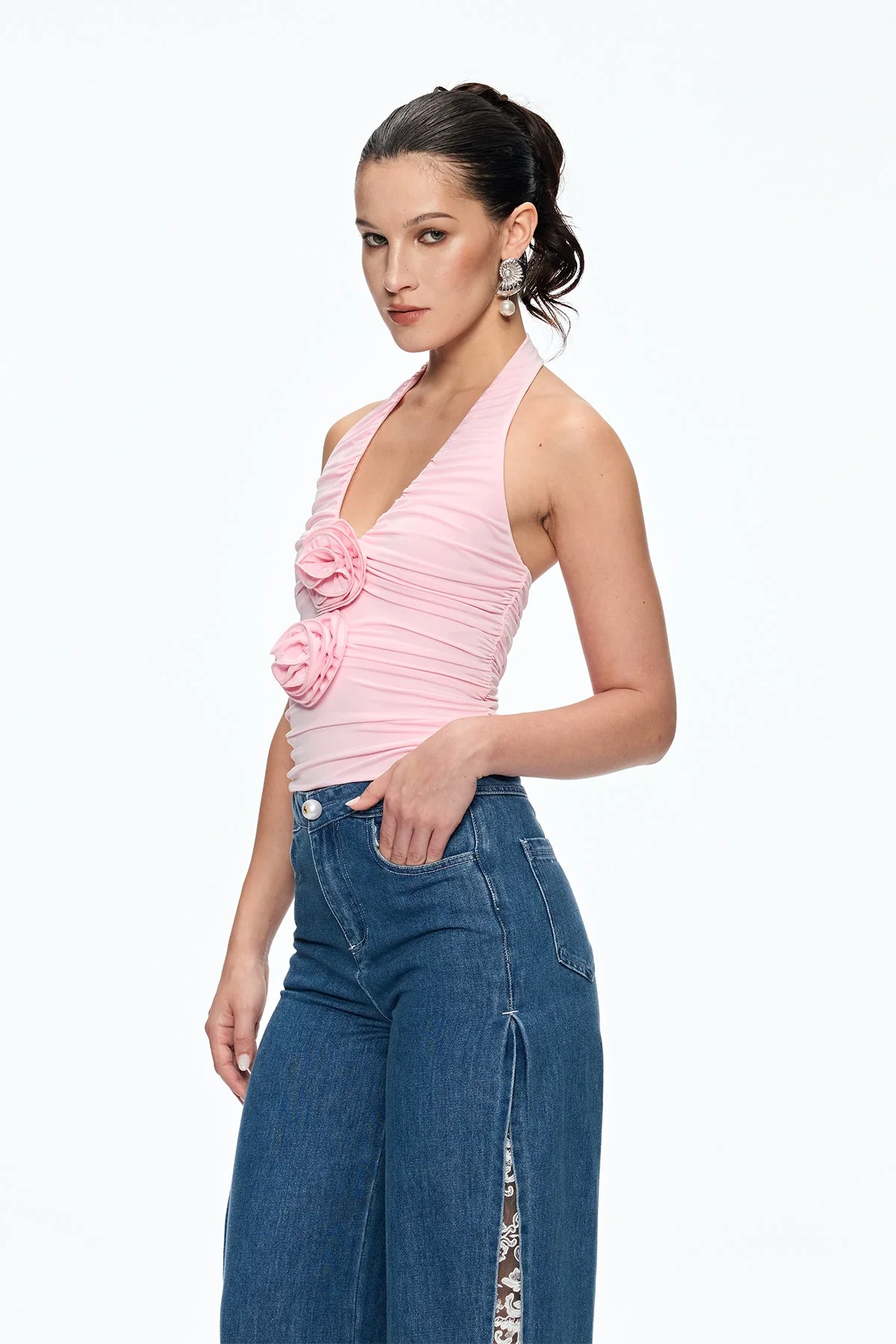 Floral Ruched Halter Neck Top in Pink for Women