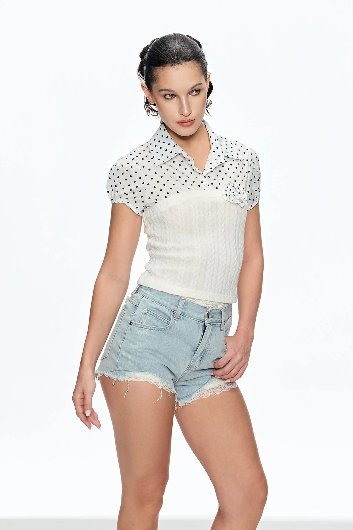 Dot Knit Flower Top in White | Elegant Floral Pattern