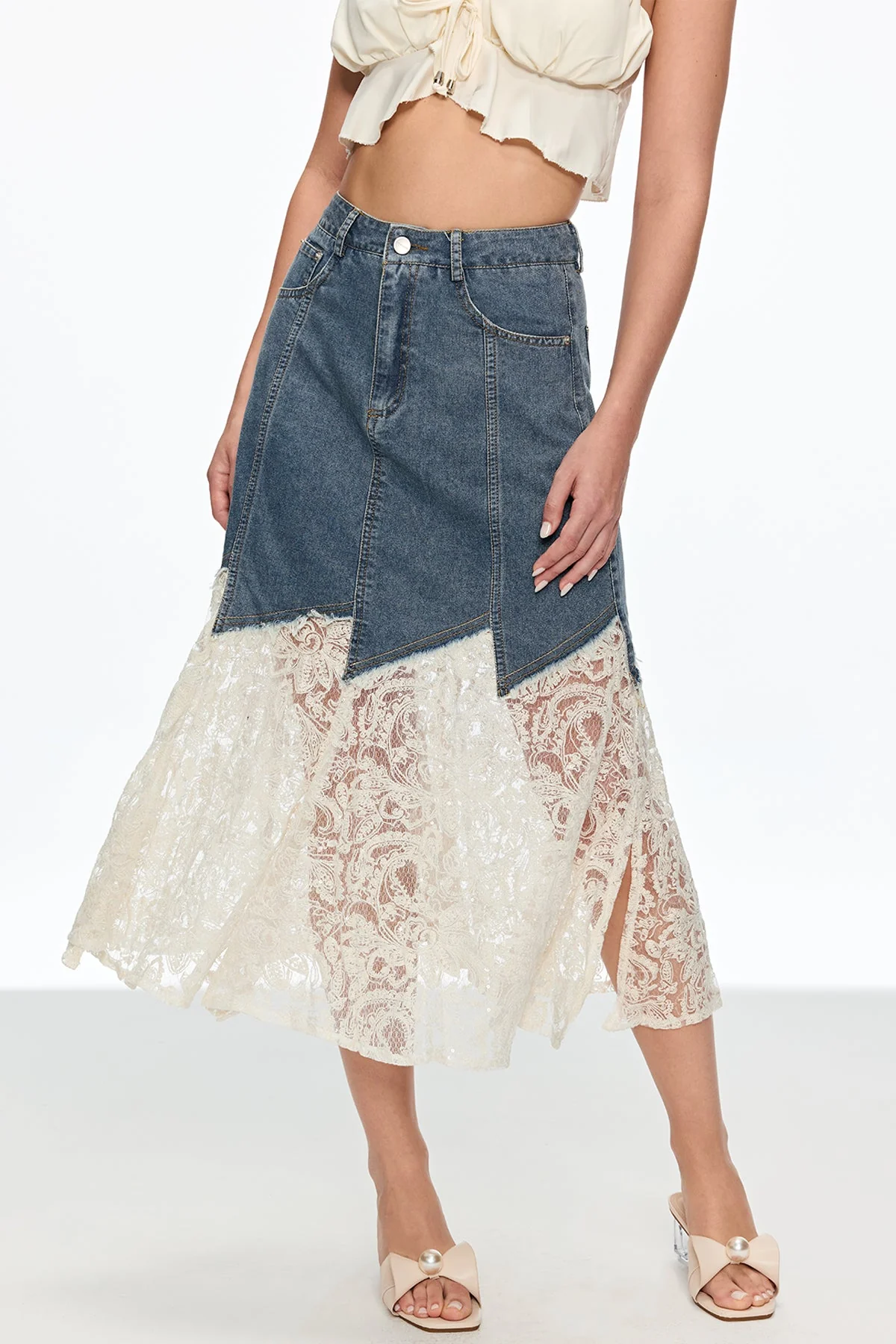 Denim Lace Midi Skirt - Elegant & Stylish Design