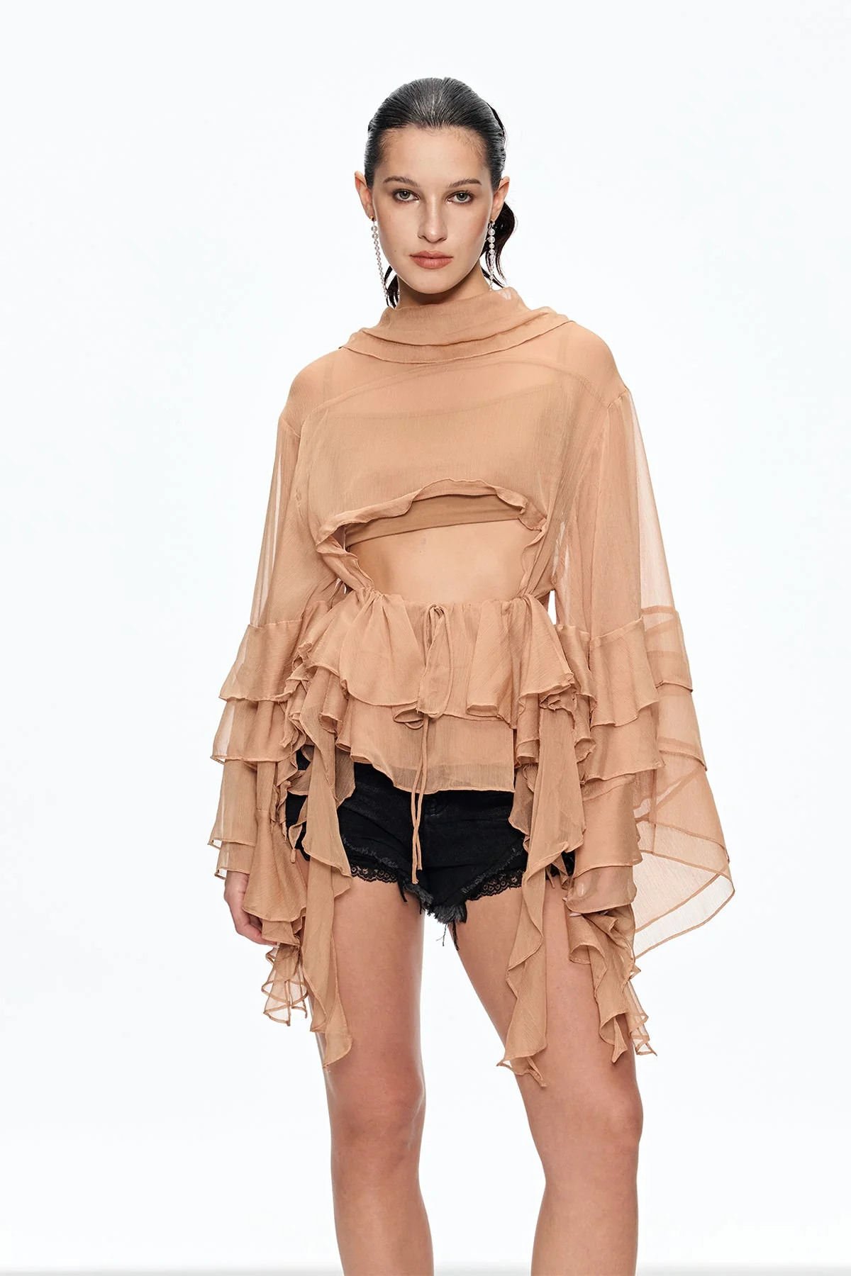 Khaki Ruffle Cutout Asymmetric Top