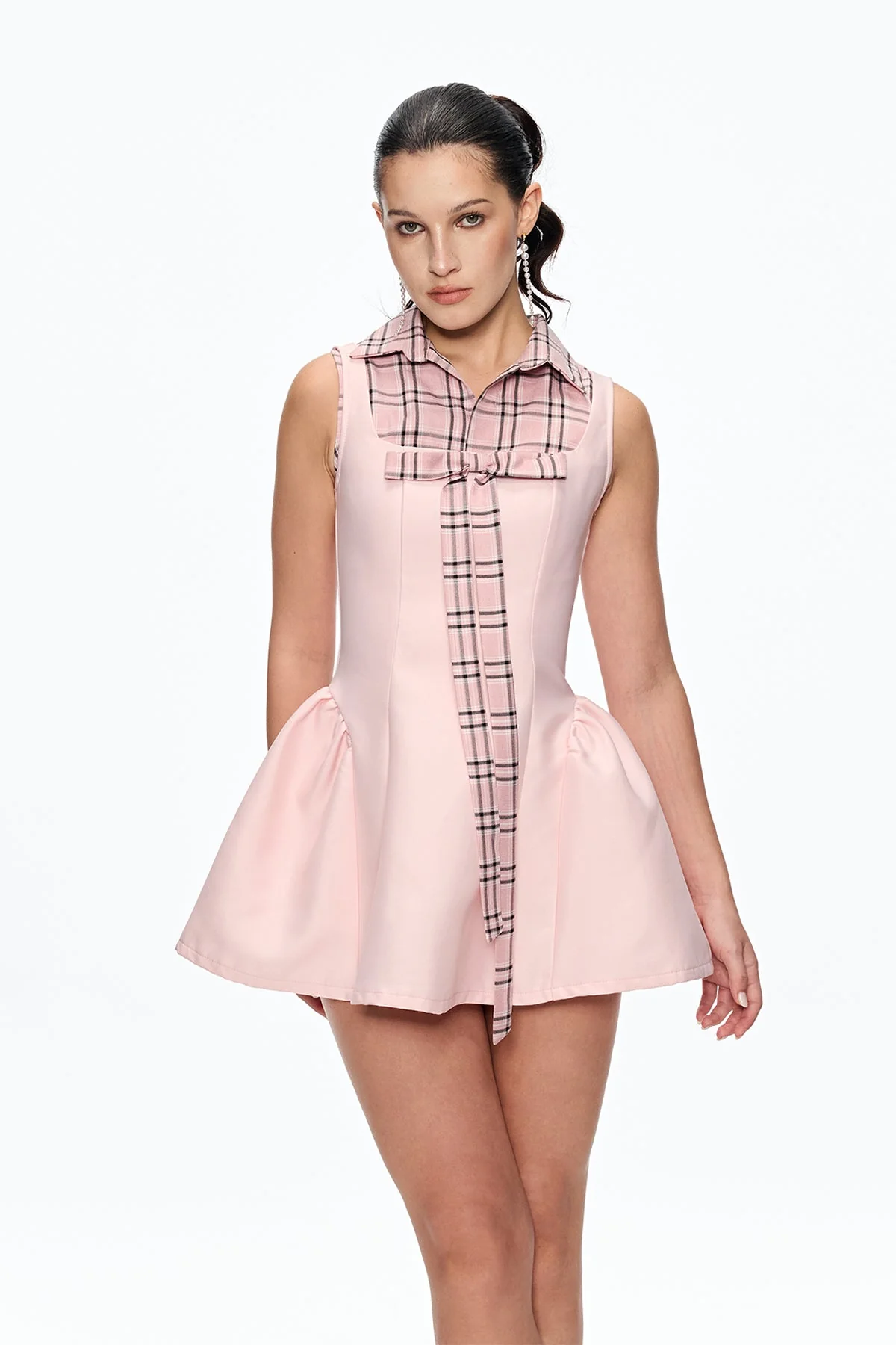 Pink Grid Bow Mini Dress | Romantic Coquette Style