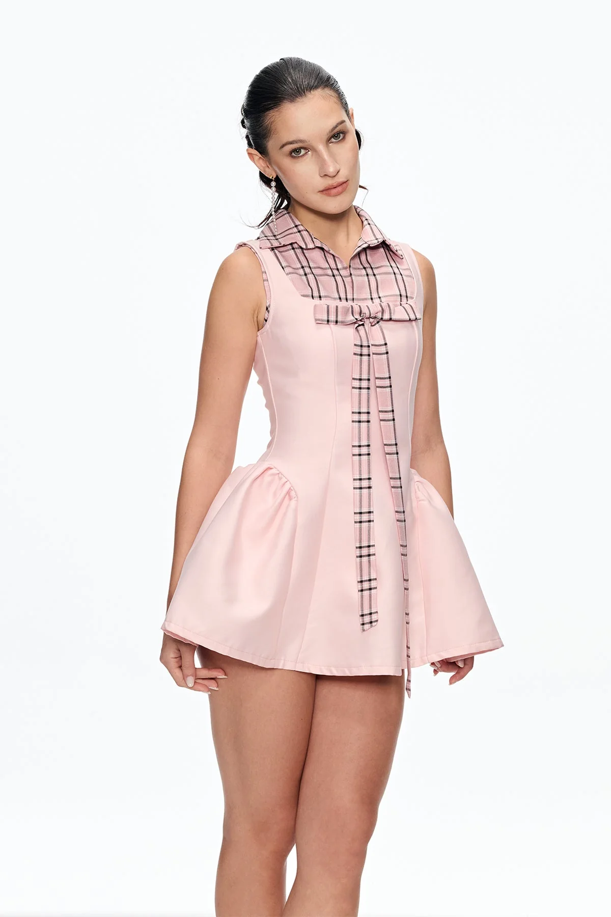 Pink Grid Bow Mini Dress | Romantic Coquette Style