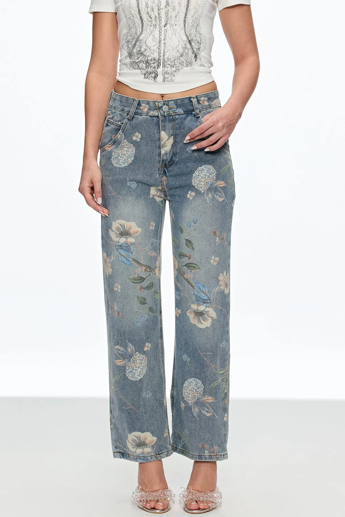 Floral Wide Leg Denim Jeans