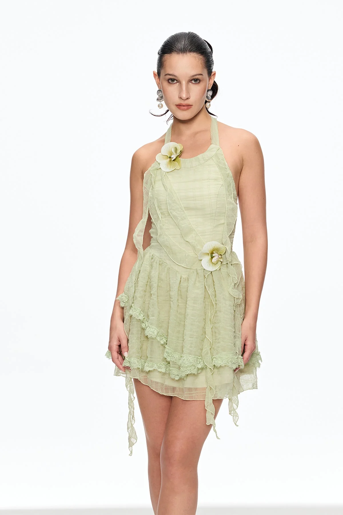 Green Floral Fringe Mini Dress Elegant Design