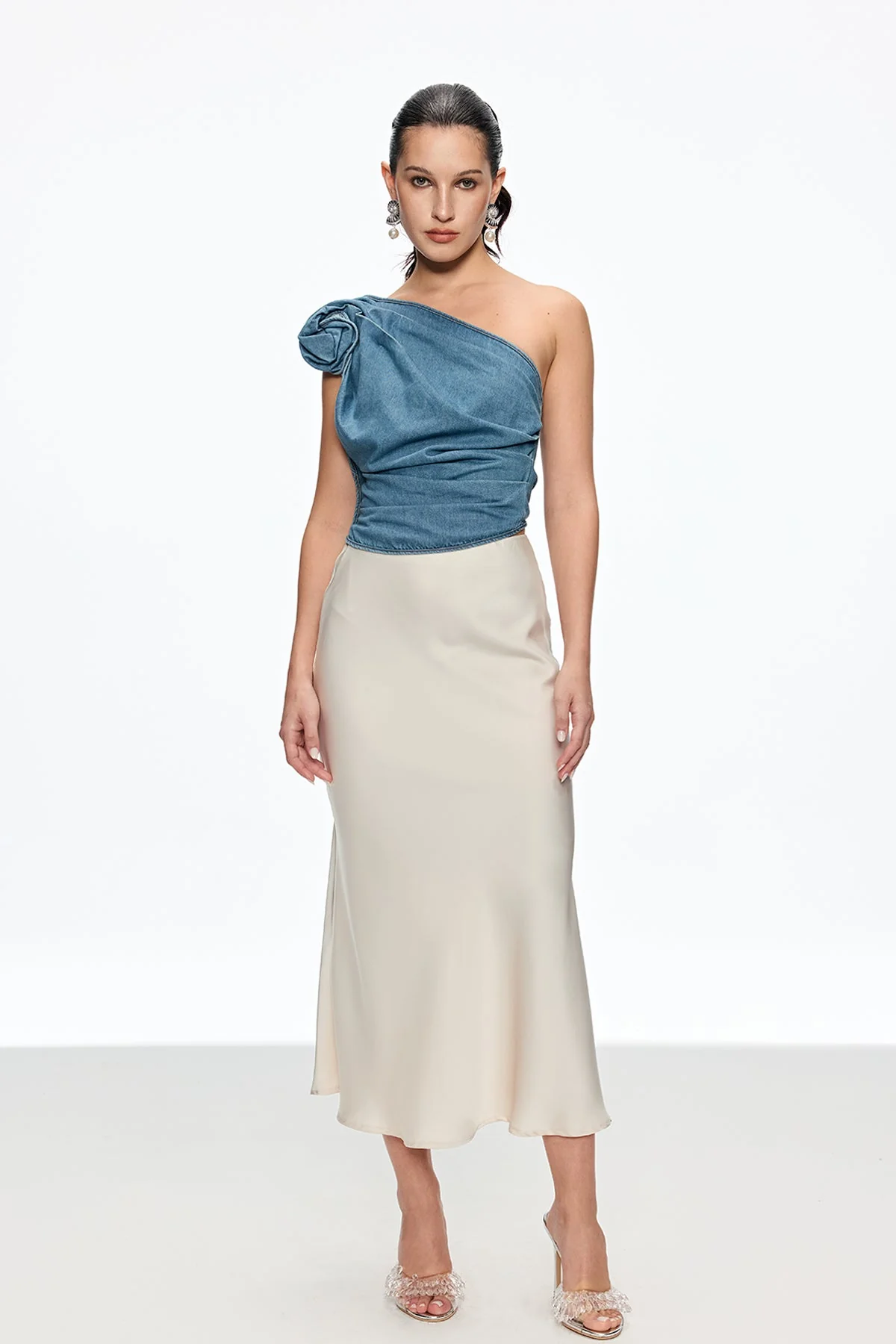 Elegant Floral One Shoulder Top - Blue Chic Fashion