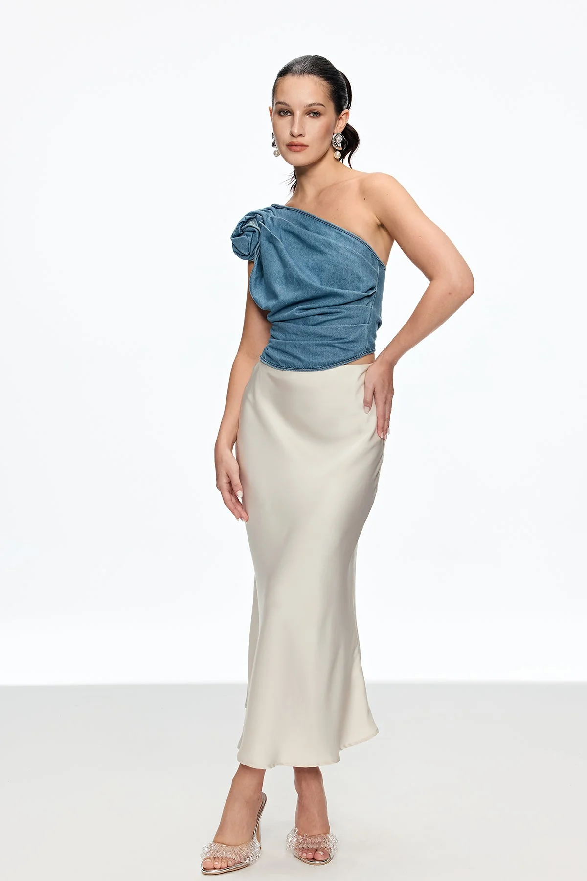 Elegant Floral One Shoulder Top - Blue Chic Fashion