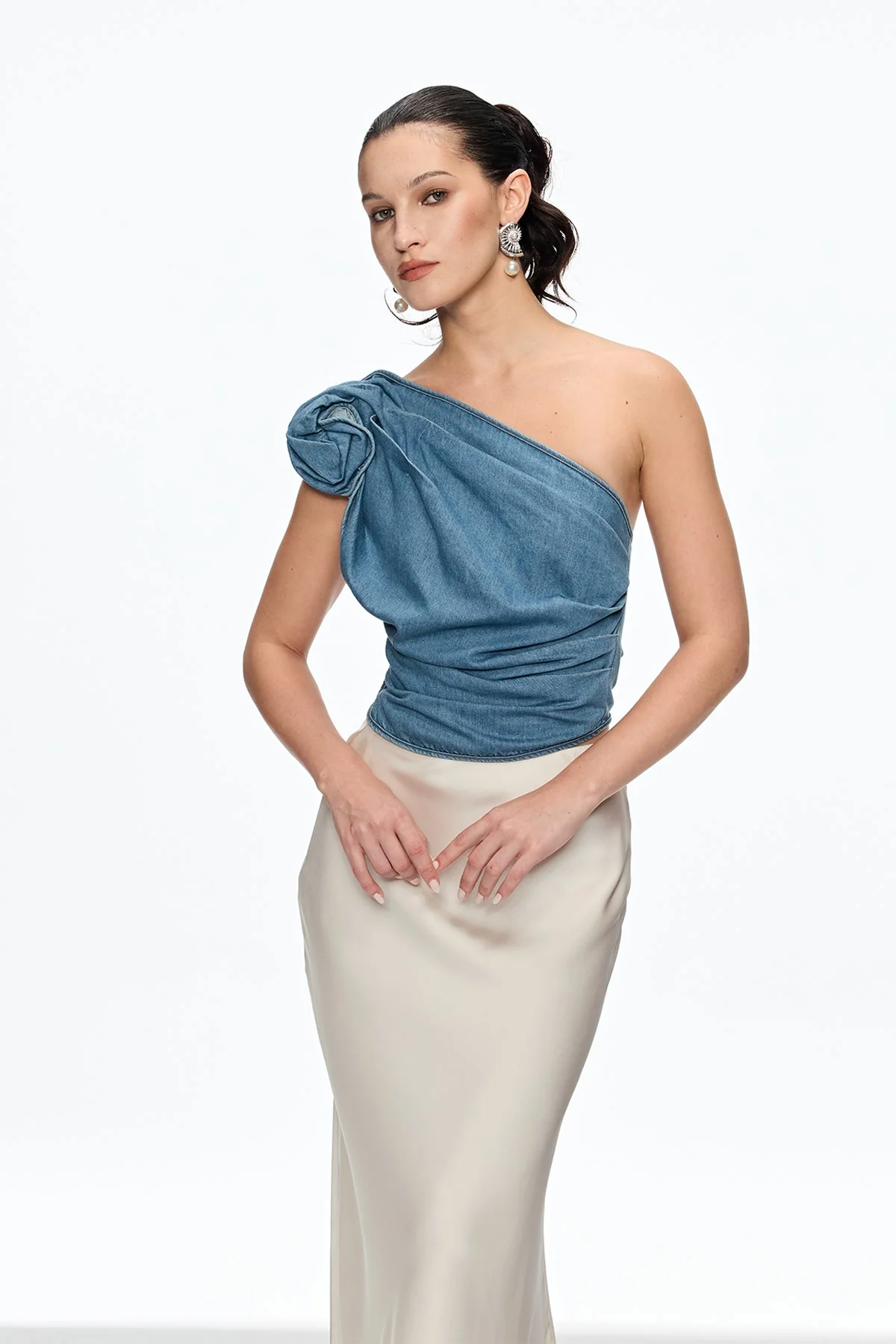 Elegant Floral One Shoulder Top - Blue Chic Fashion