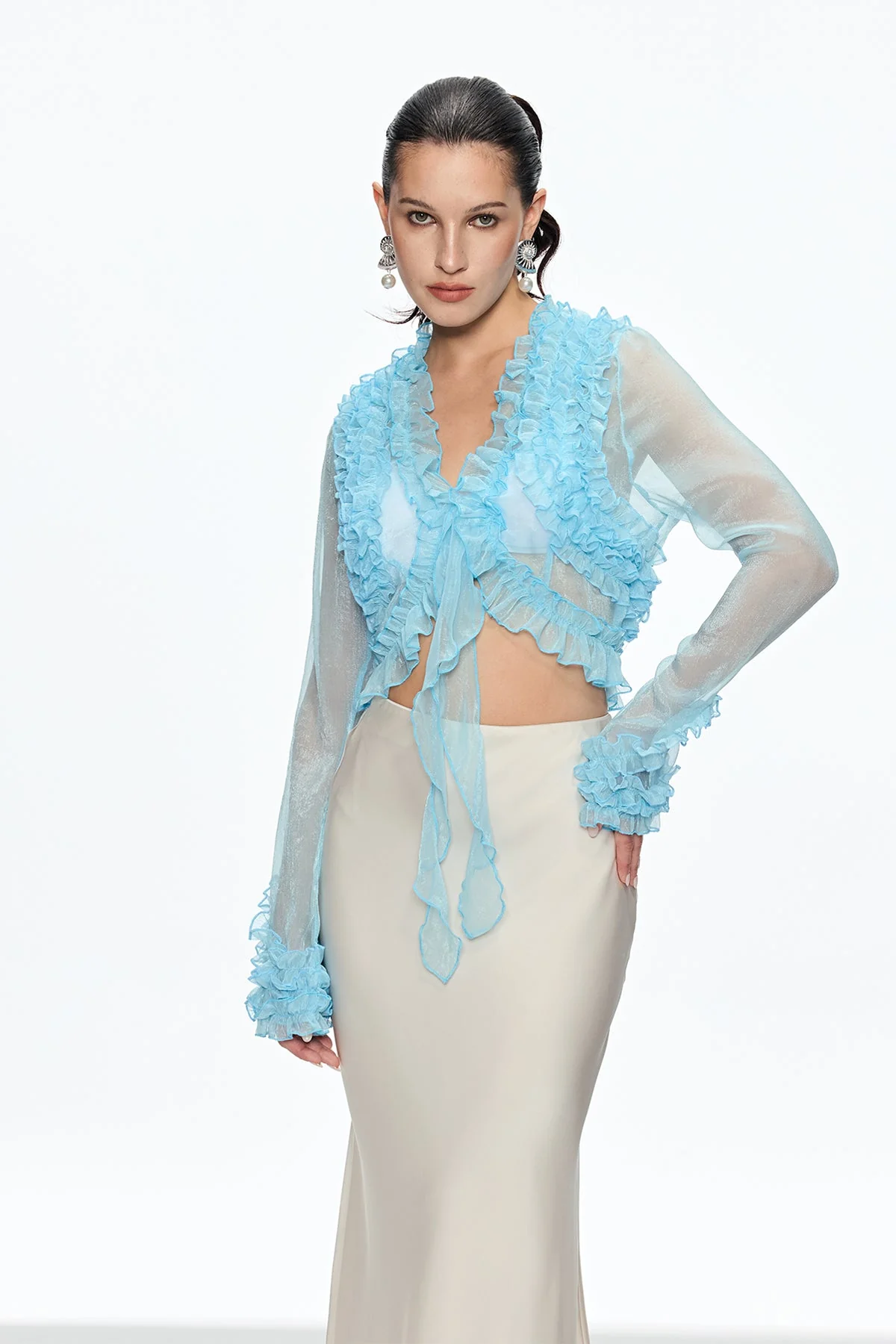 Blue Ruffle Lace-Up Top - Elegant Plunge Design