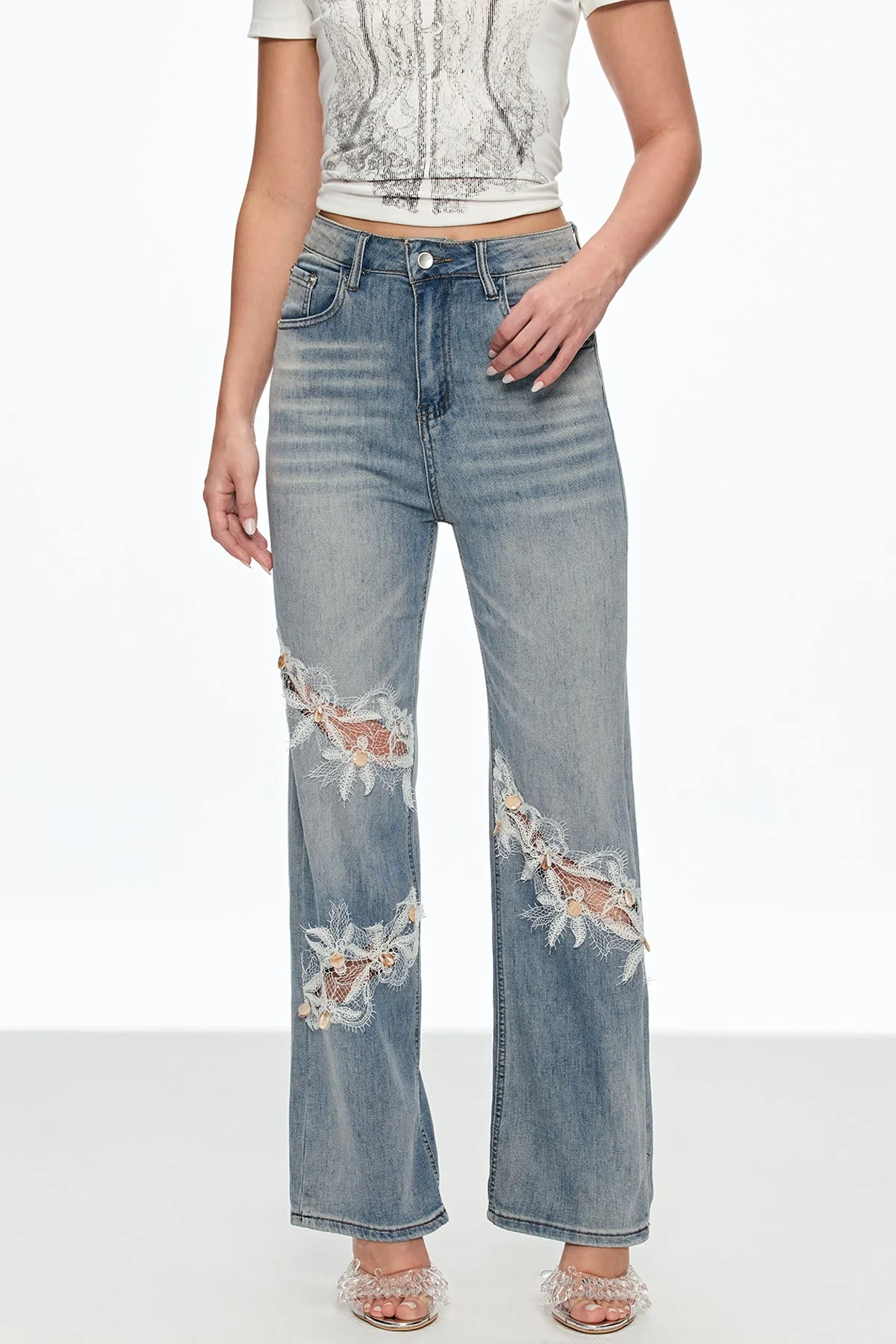 Embroidered Flower Detail Denim Jeans