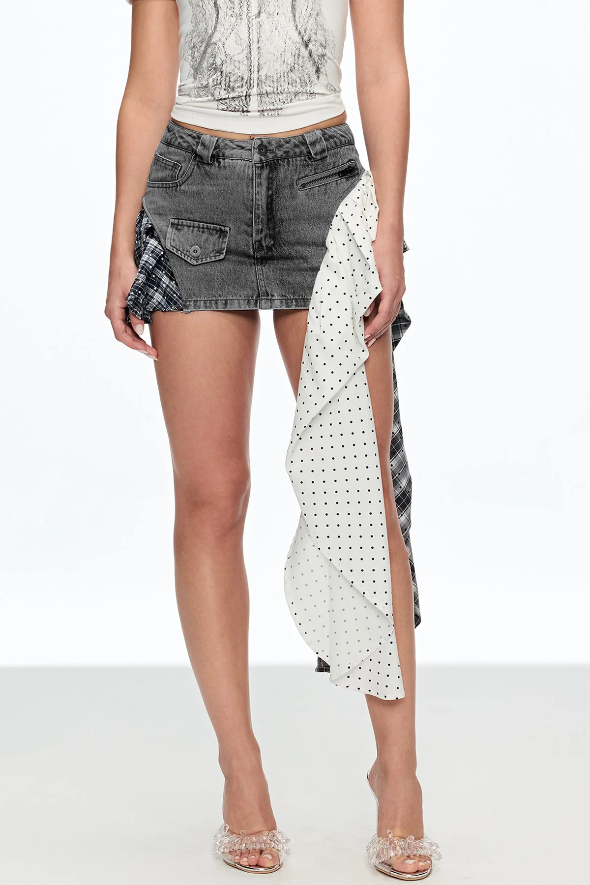 Black Dot Patchwork Asymmetric Mini Skirt