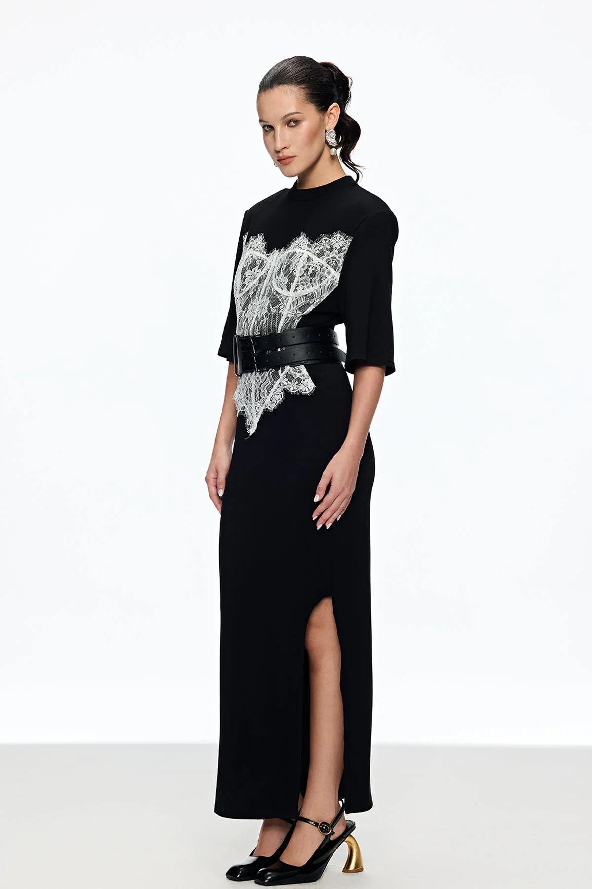 Elegant Lace Split Maxi Dress with Buckle Detail