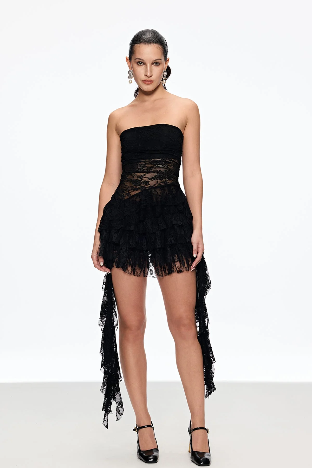 Black Lace Ruffle Skirt Set