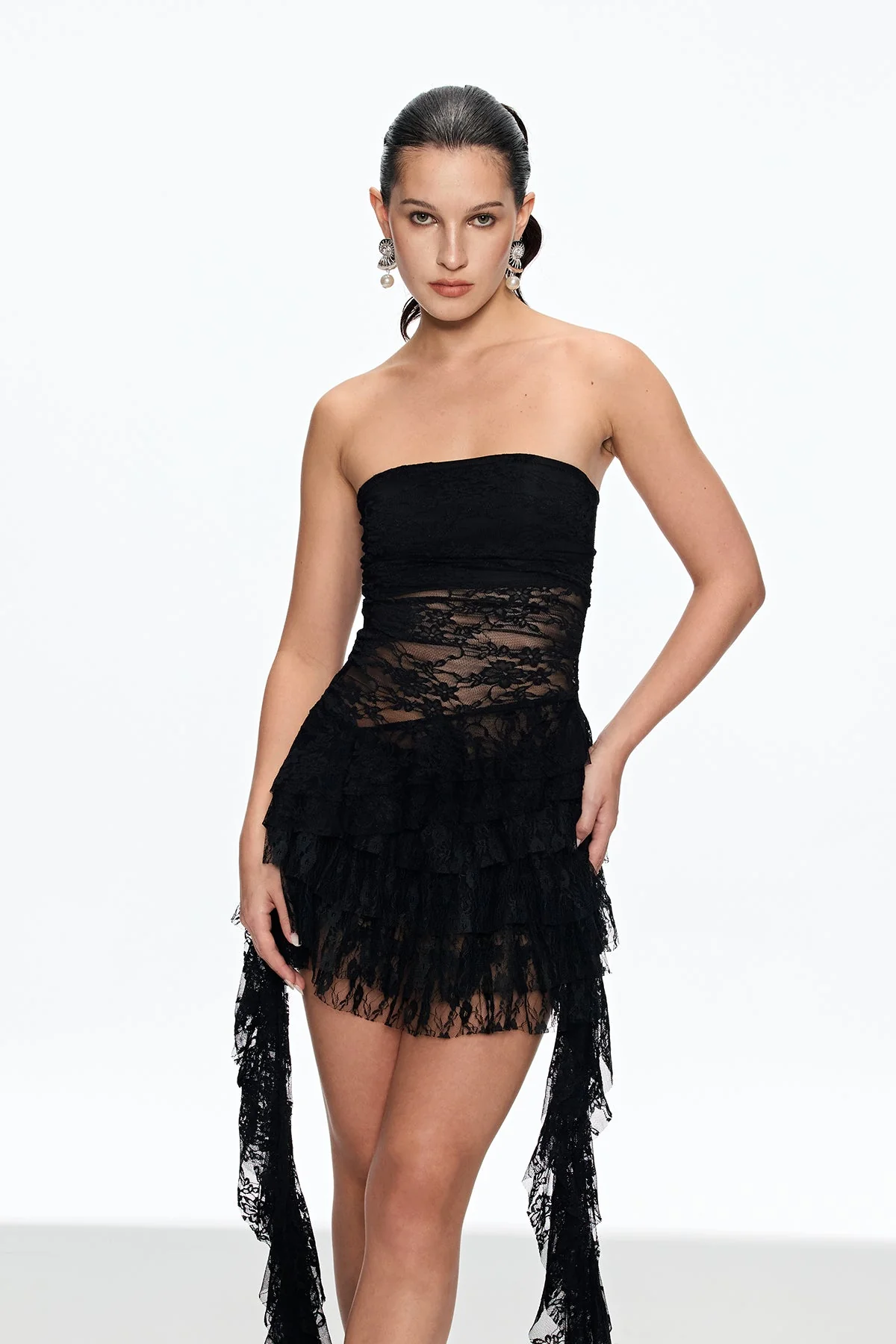 Black Lace Ruffle Skirt Set