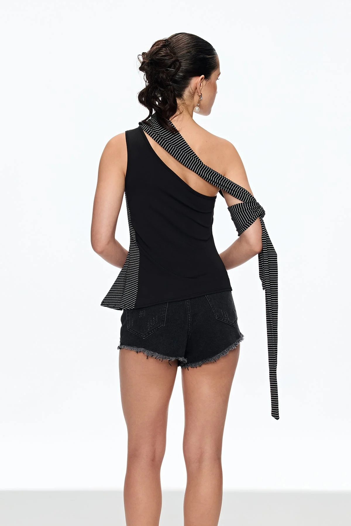 Sophisticated One Shoulder Stripe Top in Black - Caecilia