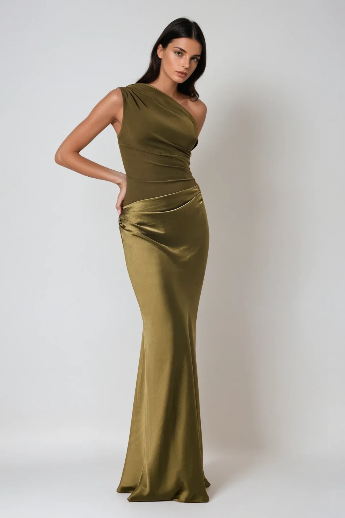 Green Satin One Shoulder Maxi Dress - Elegant & Stylish Design