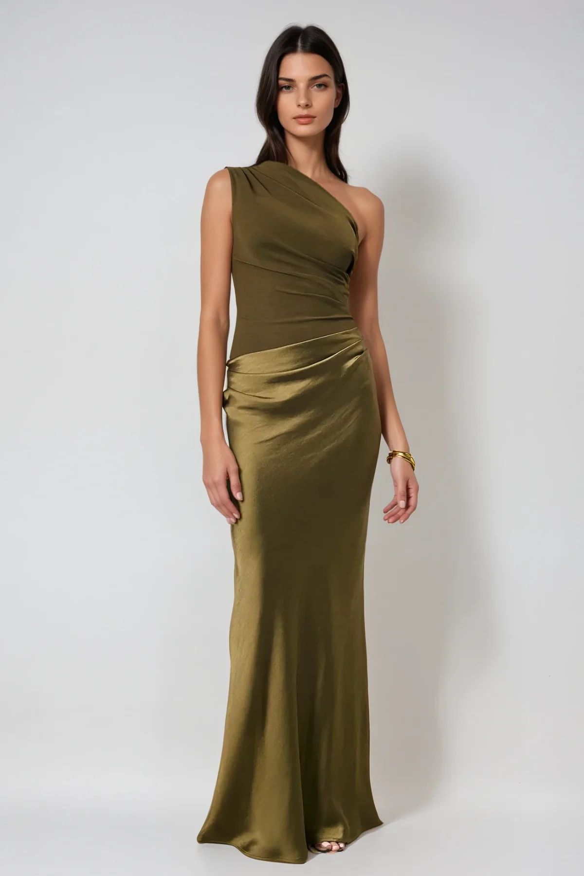 Green Satin One Shoulder Maxi Dress - Elegant & Stylish Design